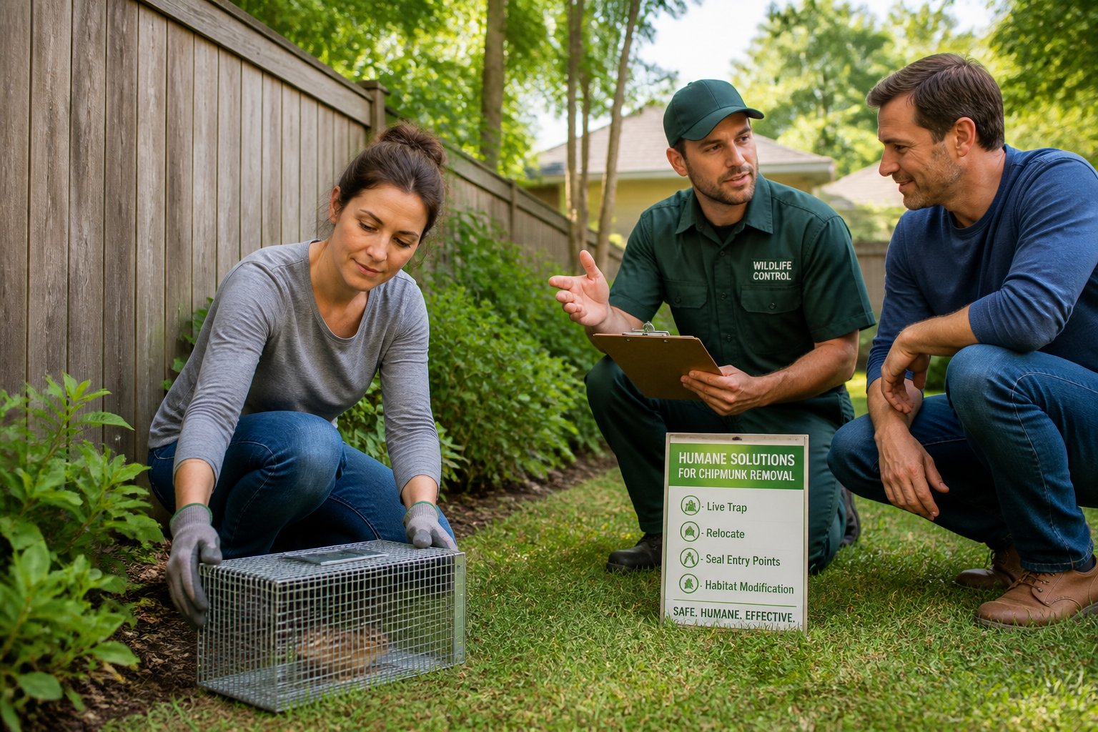 A person placing a humane chipmunk trap in a backyard while a pest control professional talks with the homeowner nearby.