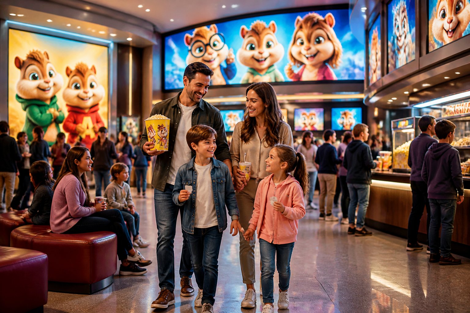 Families and children enjoying a busy movie theater lobby with colorful animated character posters and concession stands.