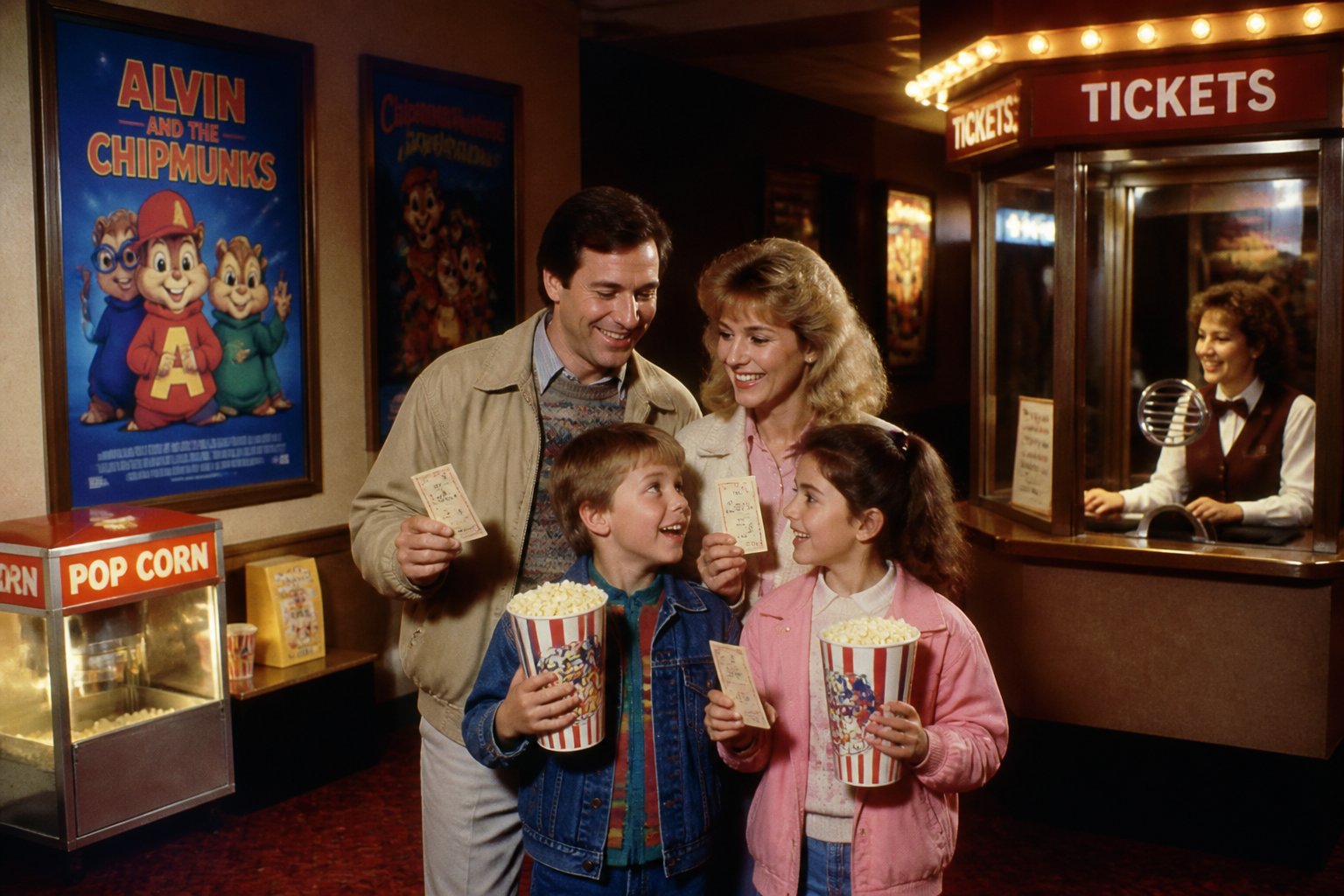 A family of four excitedly holding movie tickets and snacks in a vintage movie theater lobby decorated with animated chipmunk posters.