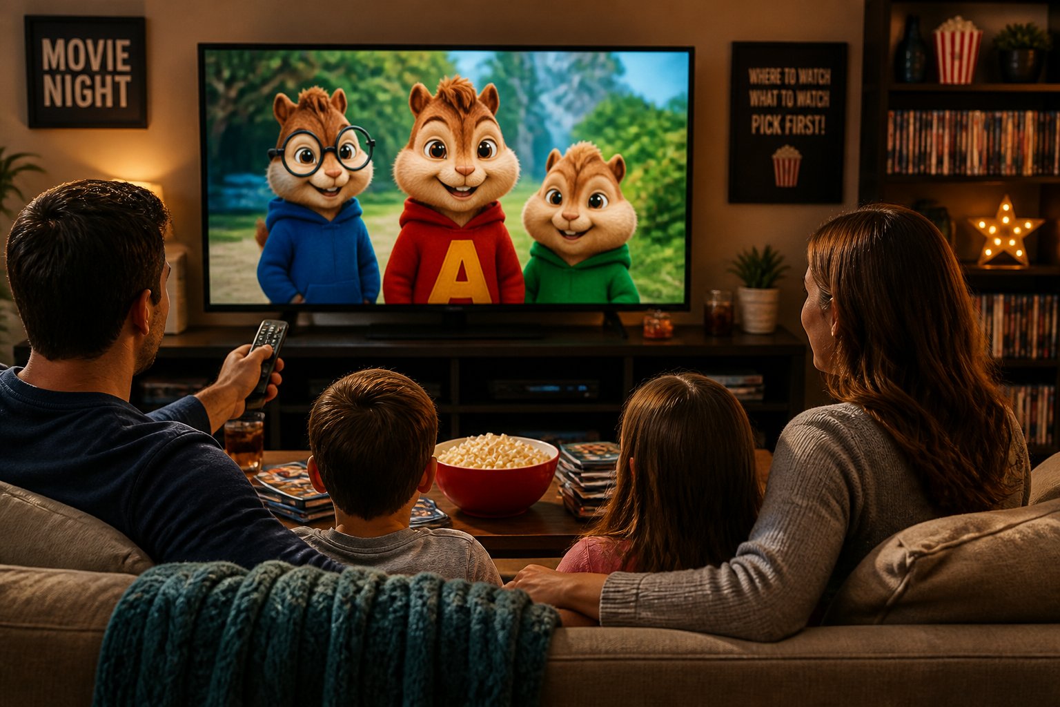 A cozy living room with a TV showing an animated family movie, popcorn on a table, and a person holding a remote control.