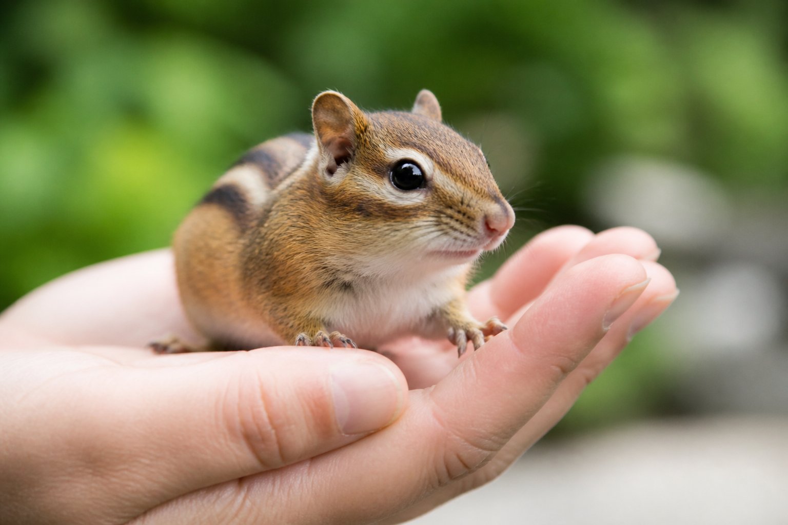 A small chipmunk being gently held in a person's hand outdoors.