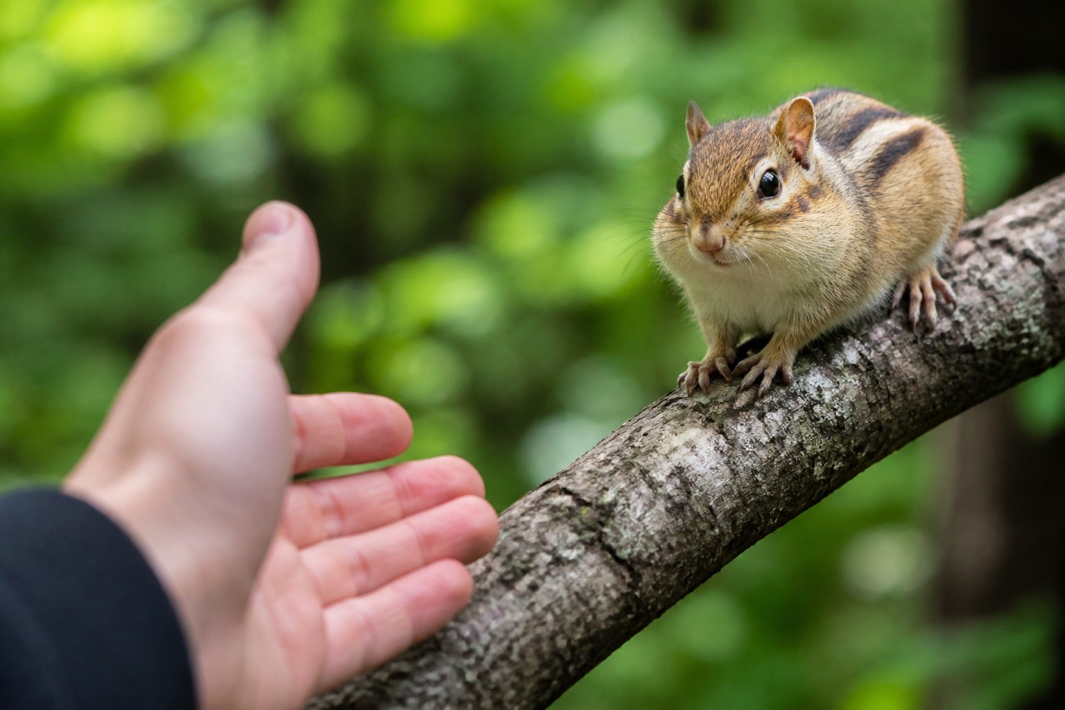 A person’s hand reaching toward a cautious chipmunk sitting on a tree branch outdoors.