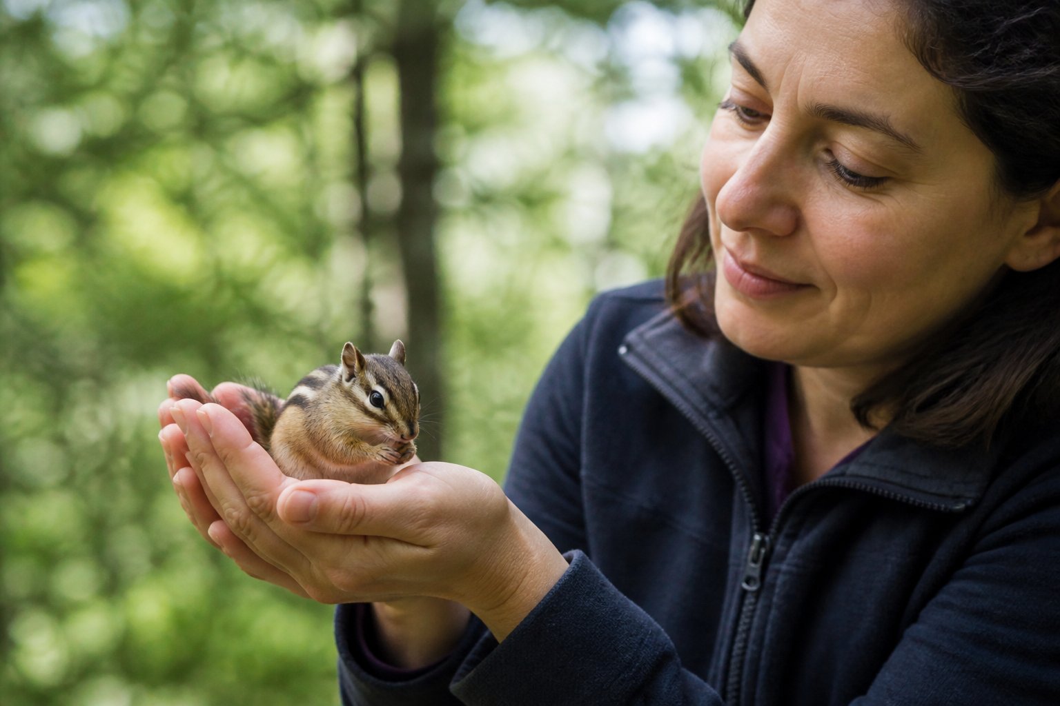 A person gently holding a small chipmunk outdoors surrounded by greenery.
