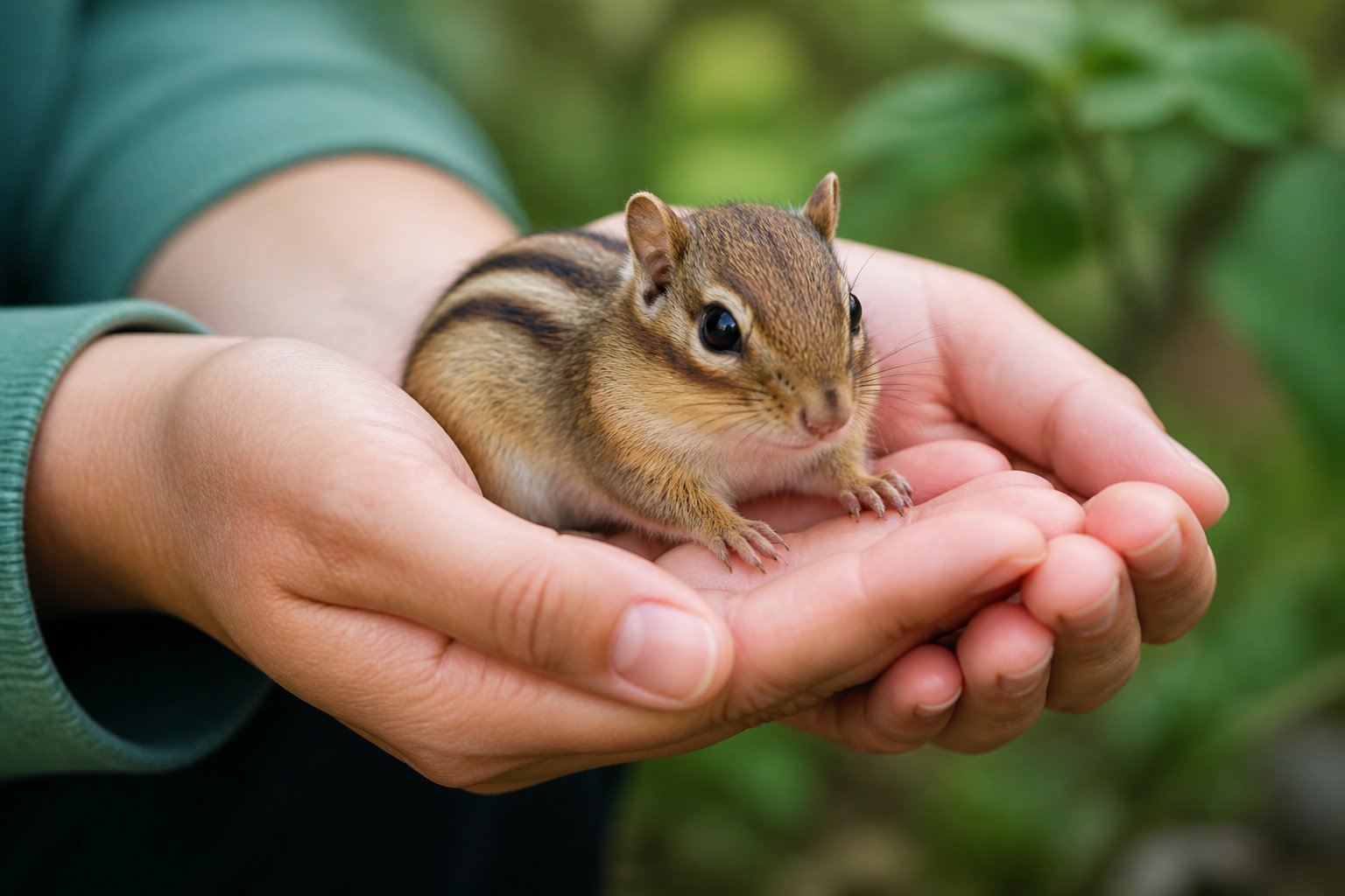 A person gently holding a calm chipmunk in their hands outdoors with green foliage in the background.