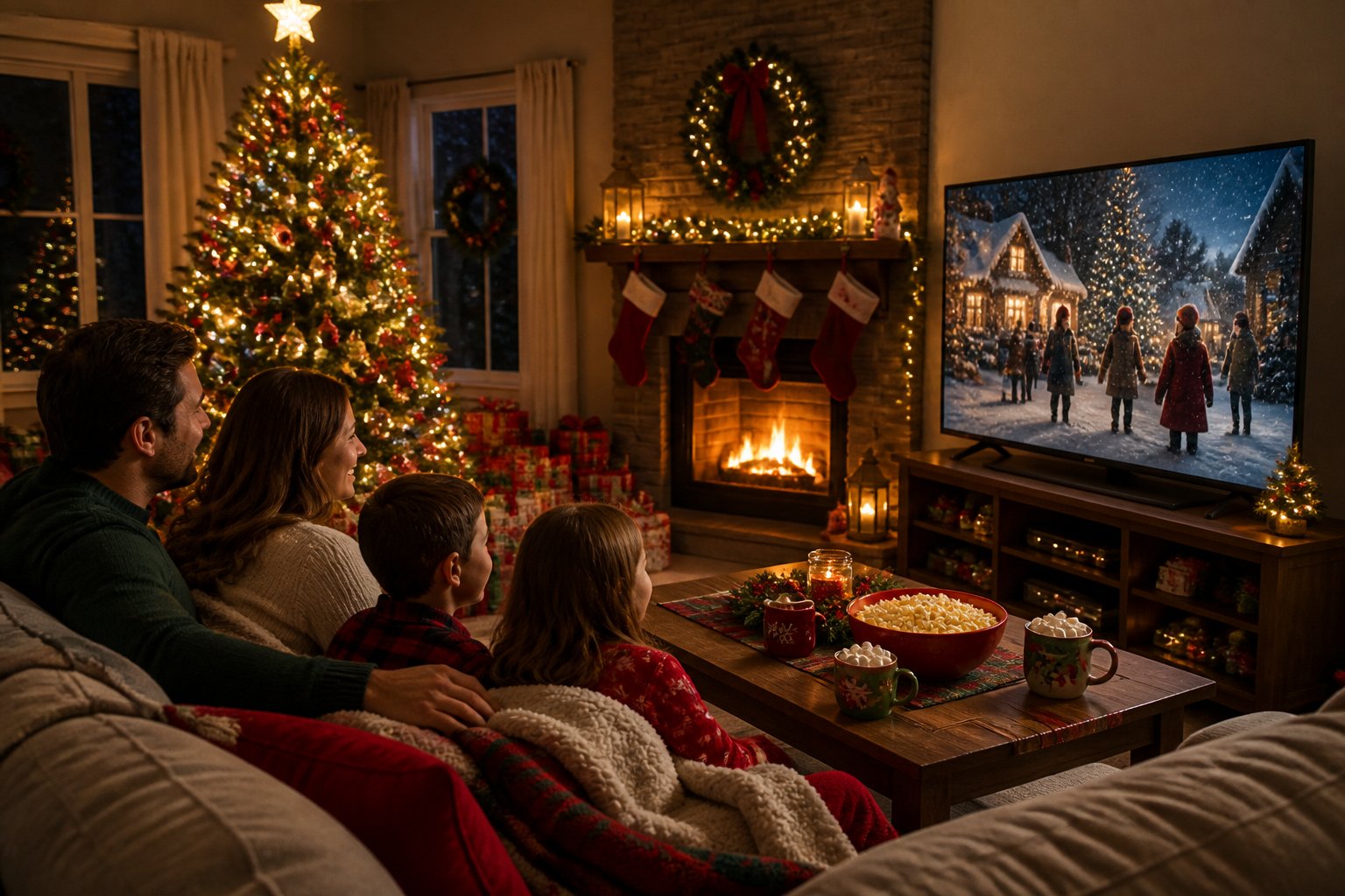 A family sitting on a sofa in a decorated living room watching a Christmas movie on TV with a Christmas tree and holiday decorations around.