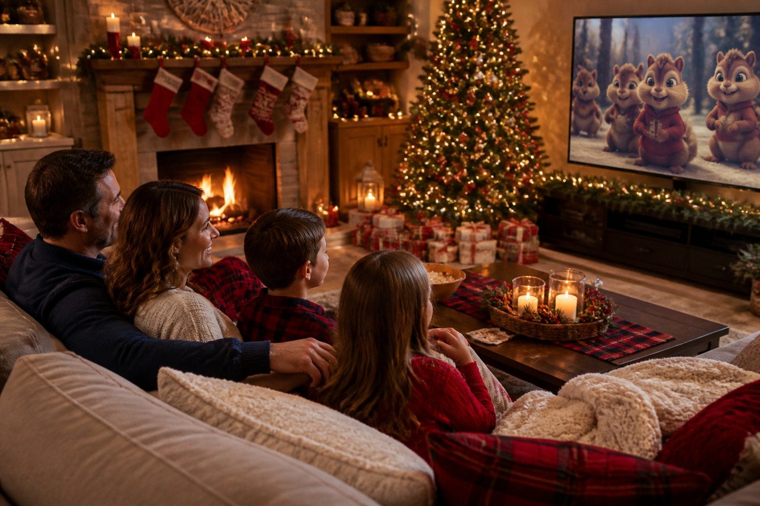 A family watching a Christmas movie featuring chipmunks in a cozy living room decorated for the holidays.