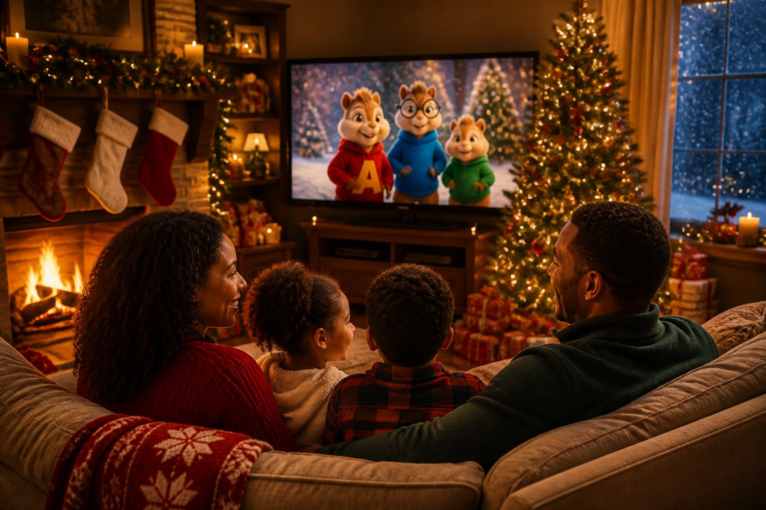 A family watching an animated Christmas movie together in a living room decorated with a Christmas tree, stockings, and holiday lights.