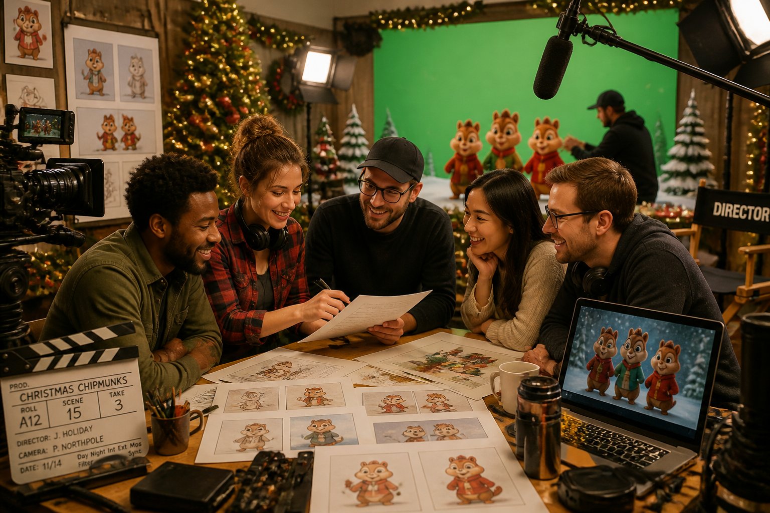 A group of film creators and cast members in a festive studio decorated for Christmas, reviewing scripts and animation sketches of chipmunks in holiday scenes.