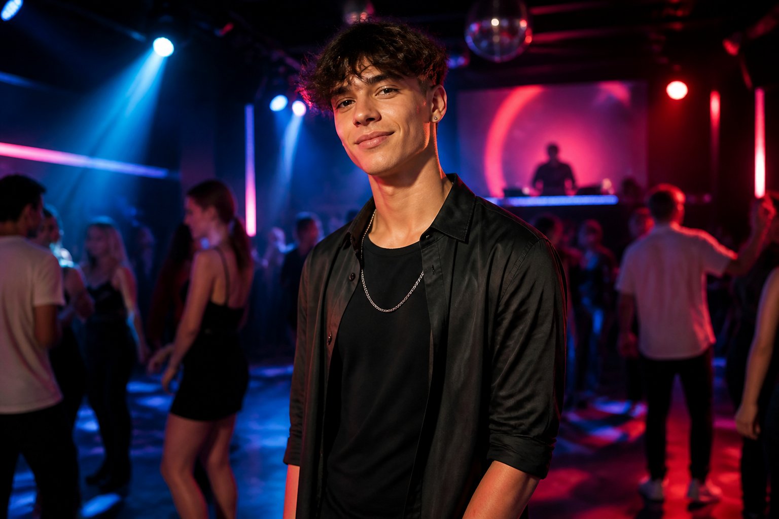 A teenager in casual clubwear standing inside a modern dance club with colorful lights and people dancing in the background.