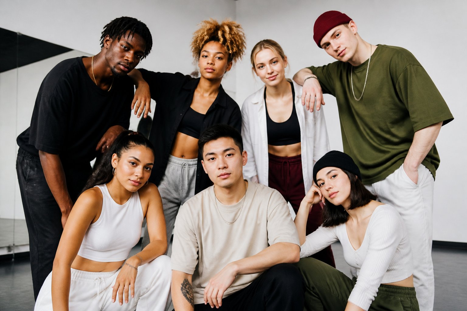 A group of young adults posing together in a casual studio setting.