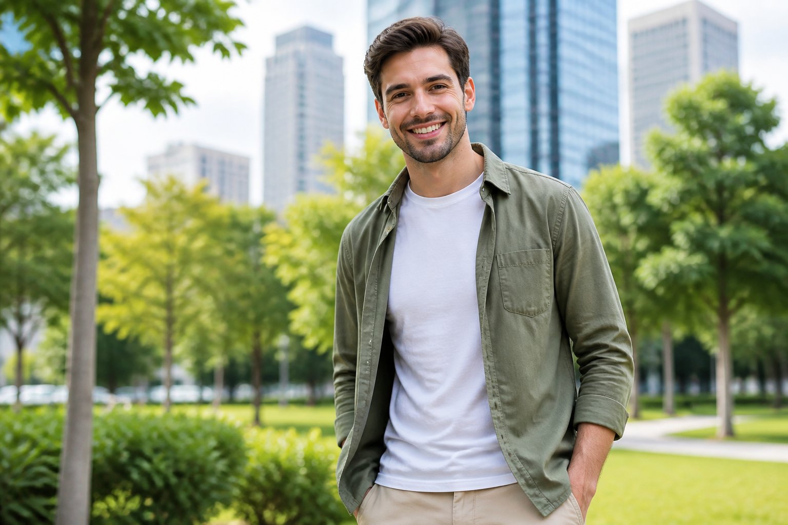 A young man standing outdoors in a park with trees and city buildings in the background, smiling and looking confident.