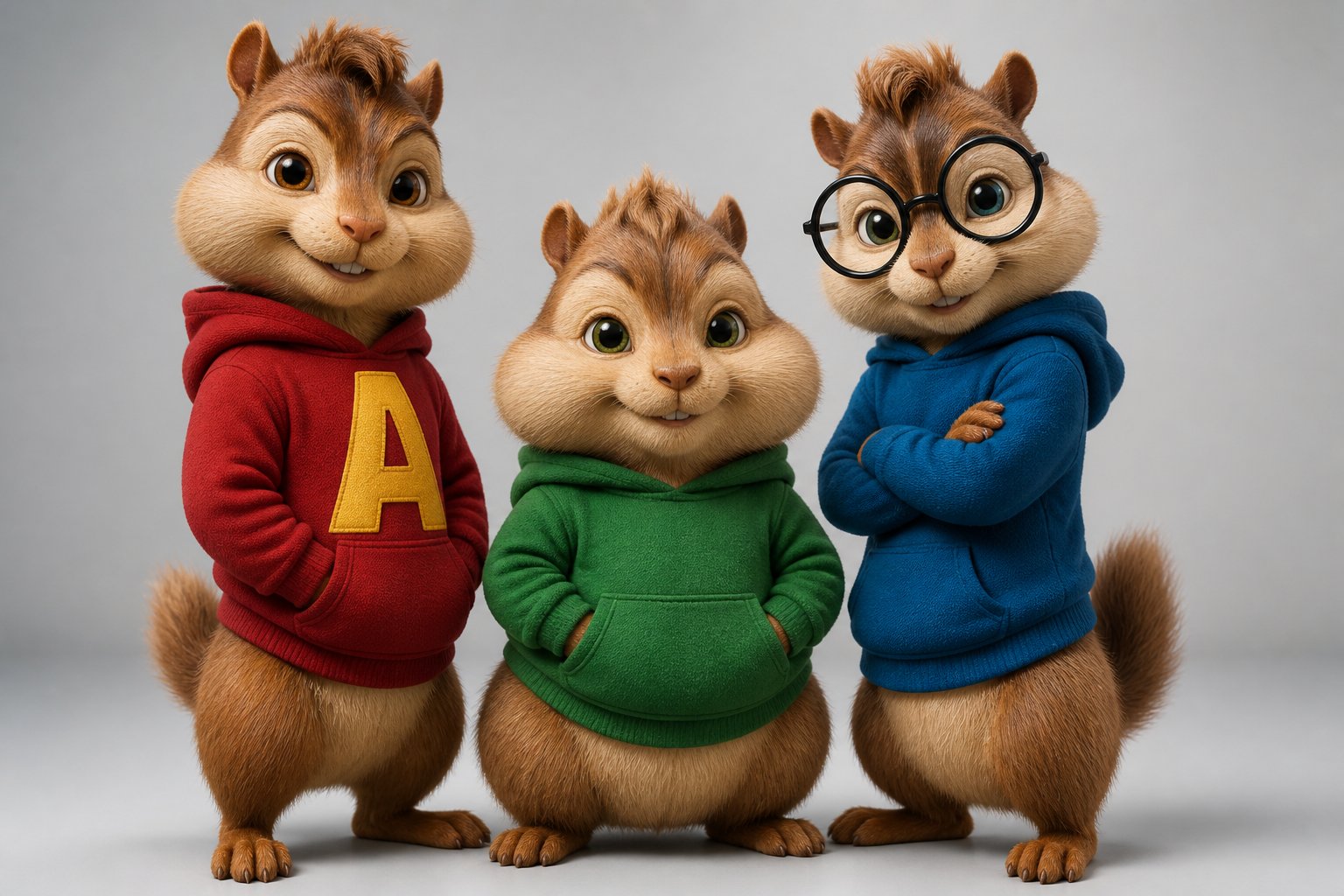 Three realistic CGI chipmunks standing together in a clean studio setting.