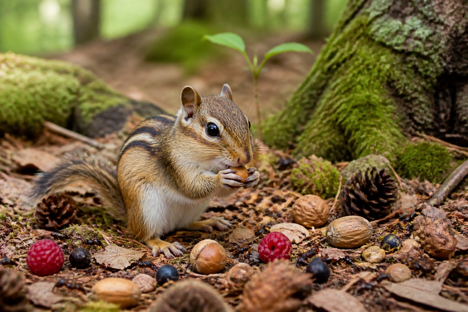 A chipmunk on the forest floor holding a nut surrounded by leaves, pine cones, seeds, and berries.