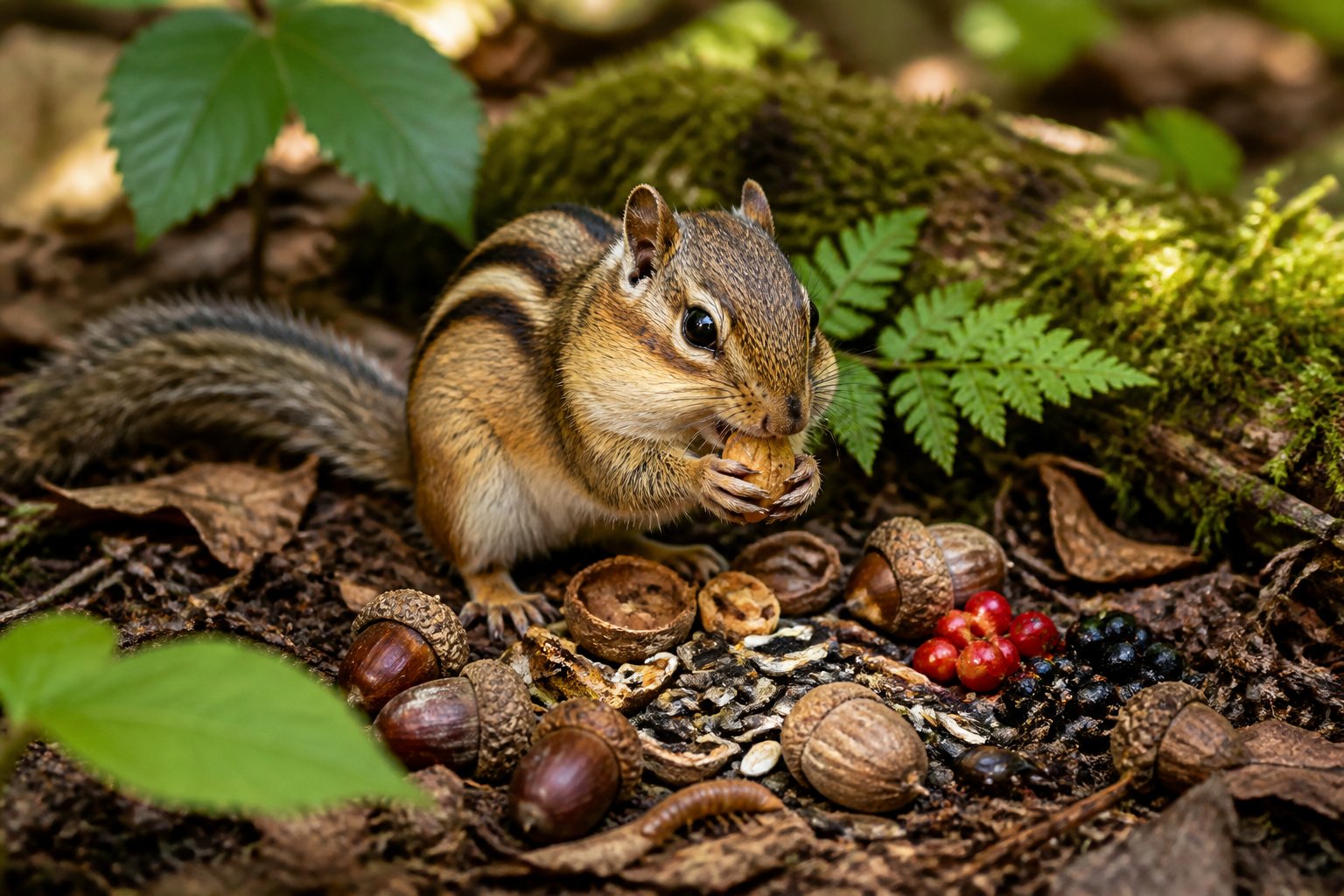 A chipmunk foraging on the forest floor surrounded by acorns, seeds, nuts, berries, and small insects.