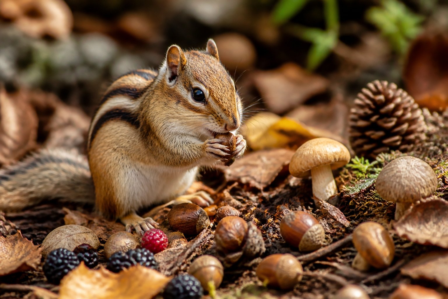 A chipmunk on the forest floor holding a nut surrounded by leaves, acorns, and berries.