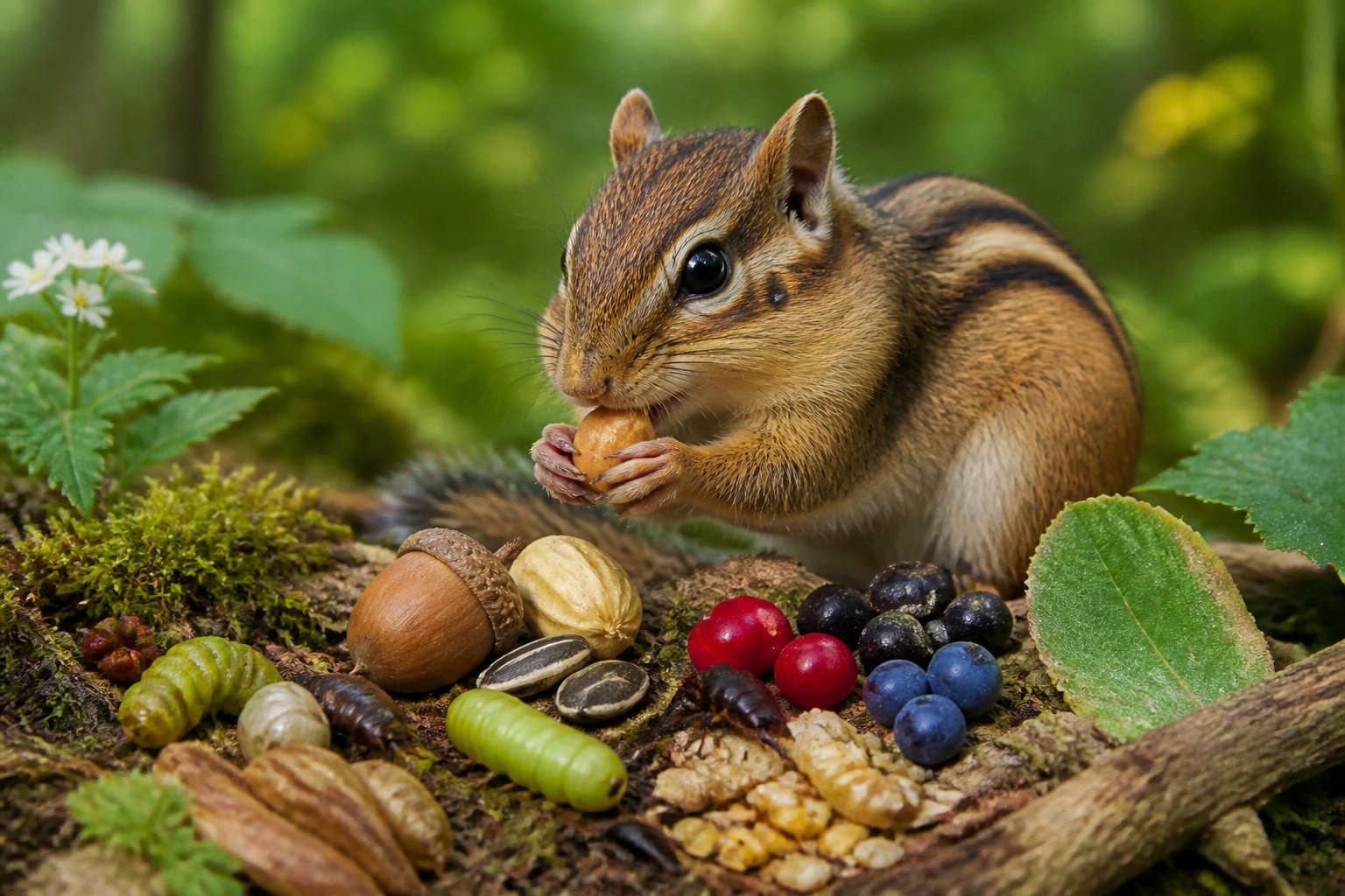 A chipmunk in a forest eating a nut, surrounded by natural food like berries, seeds, and plants.