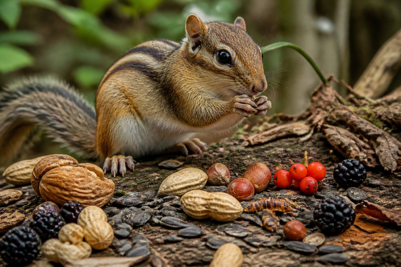 A chipmunk in a forest setting surrounded by nuts, seeds, berries, and leaves.
