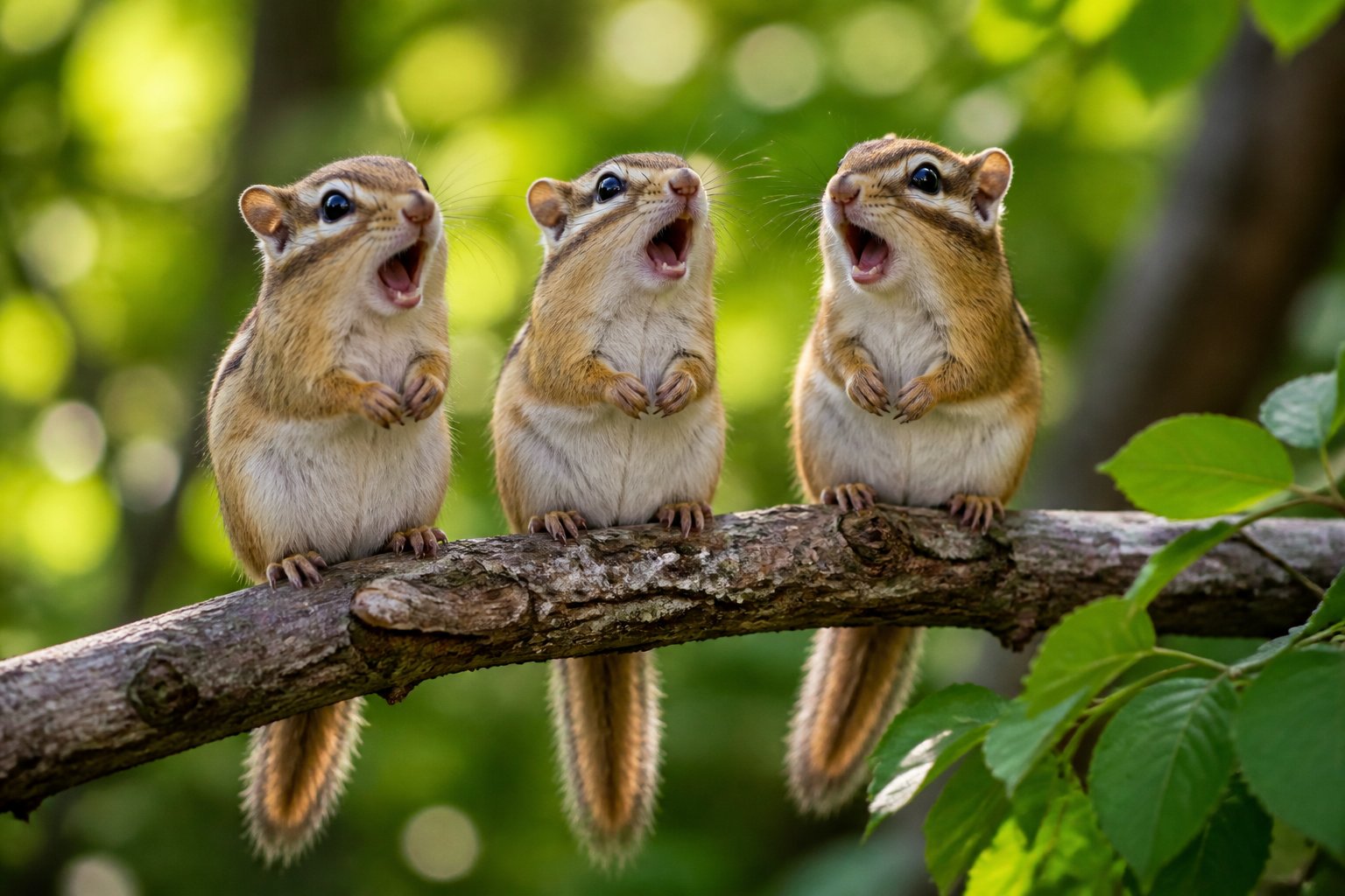 Three chipmunks sitting on a tree branch in a forest, appearing to sing together.
