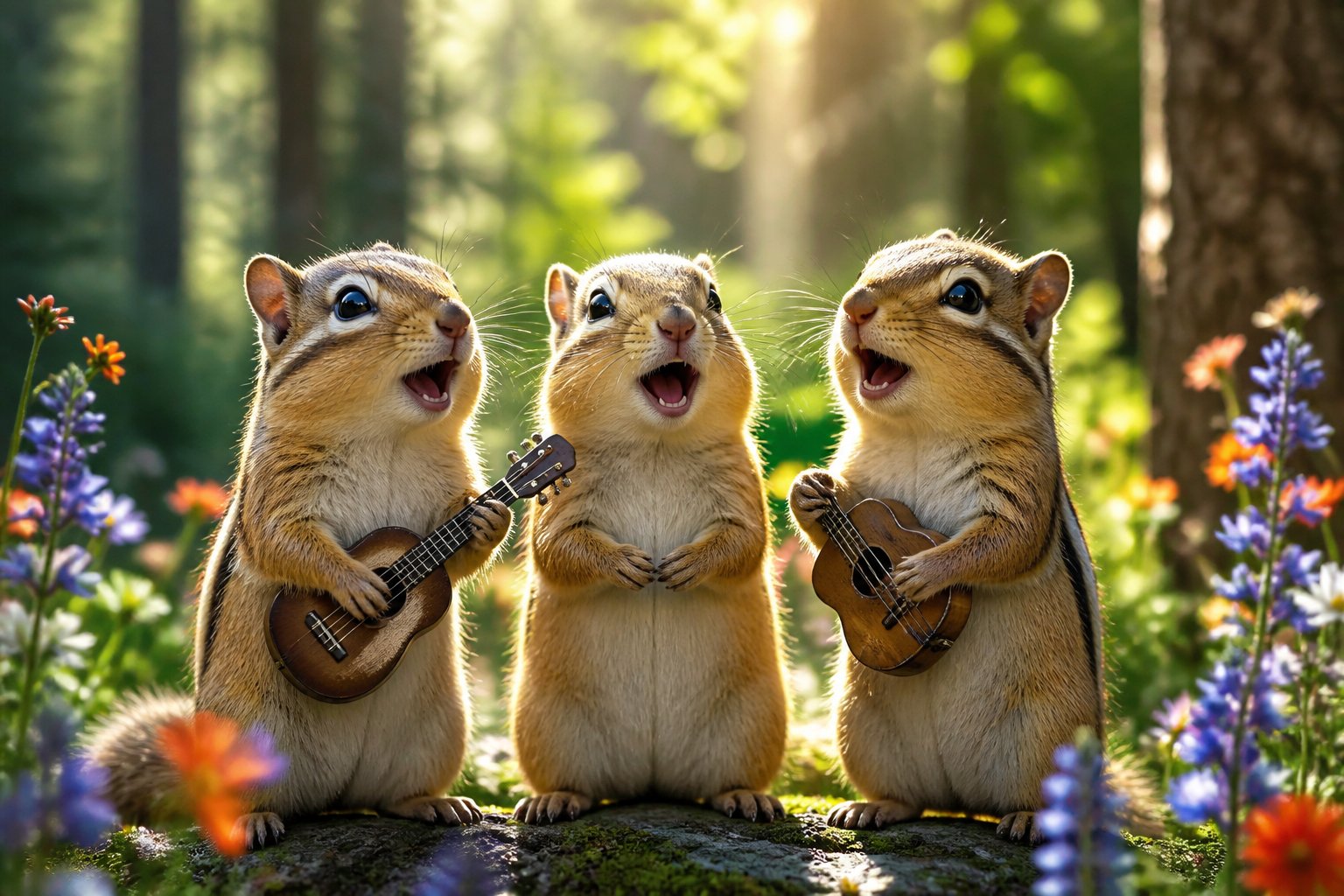 Three chipmunks singing together in a sunlit forest clearing surrounded by trees and wildflowers.