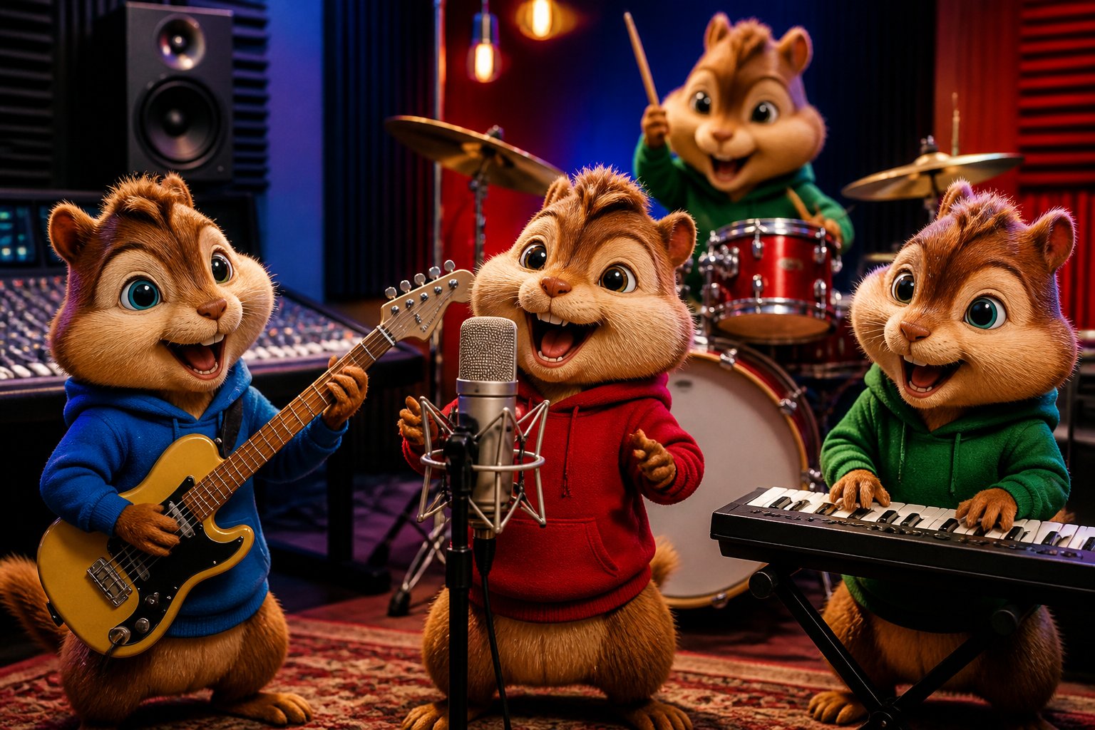 A group of animated chipmunks singing and playing musical instruments in a recording studio.