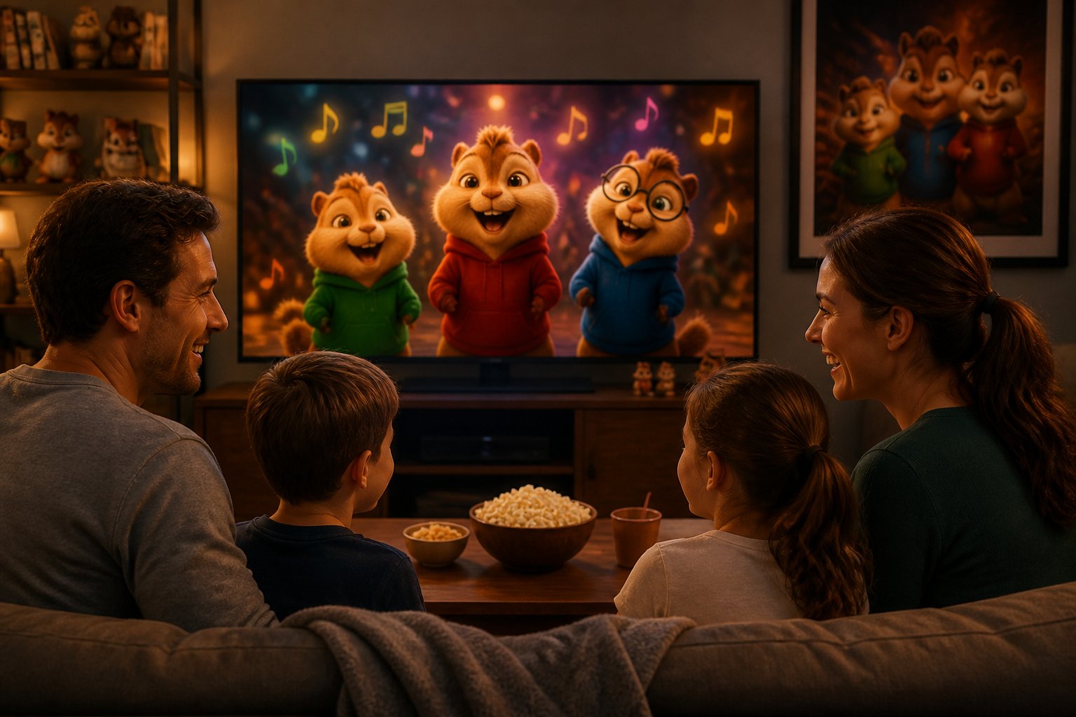A family watching animated chipmunks singing on a television in a cozy living room.