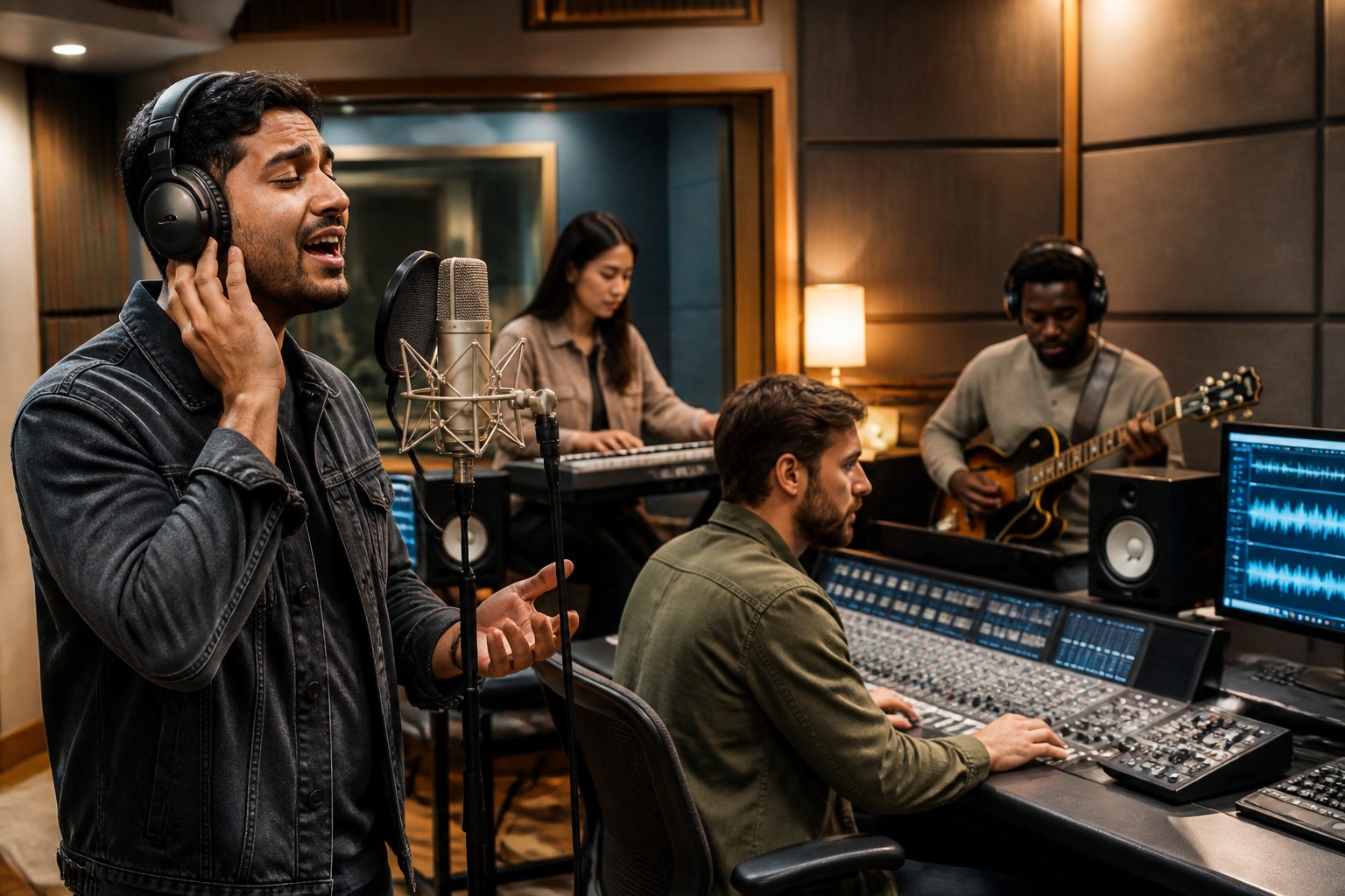 Musicians and sound engineers working together in a recording studio with a vocalist singing into a microphone and a producer adjusting audio equipment.