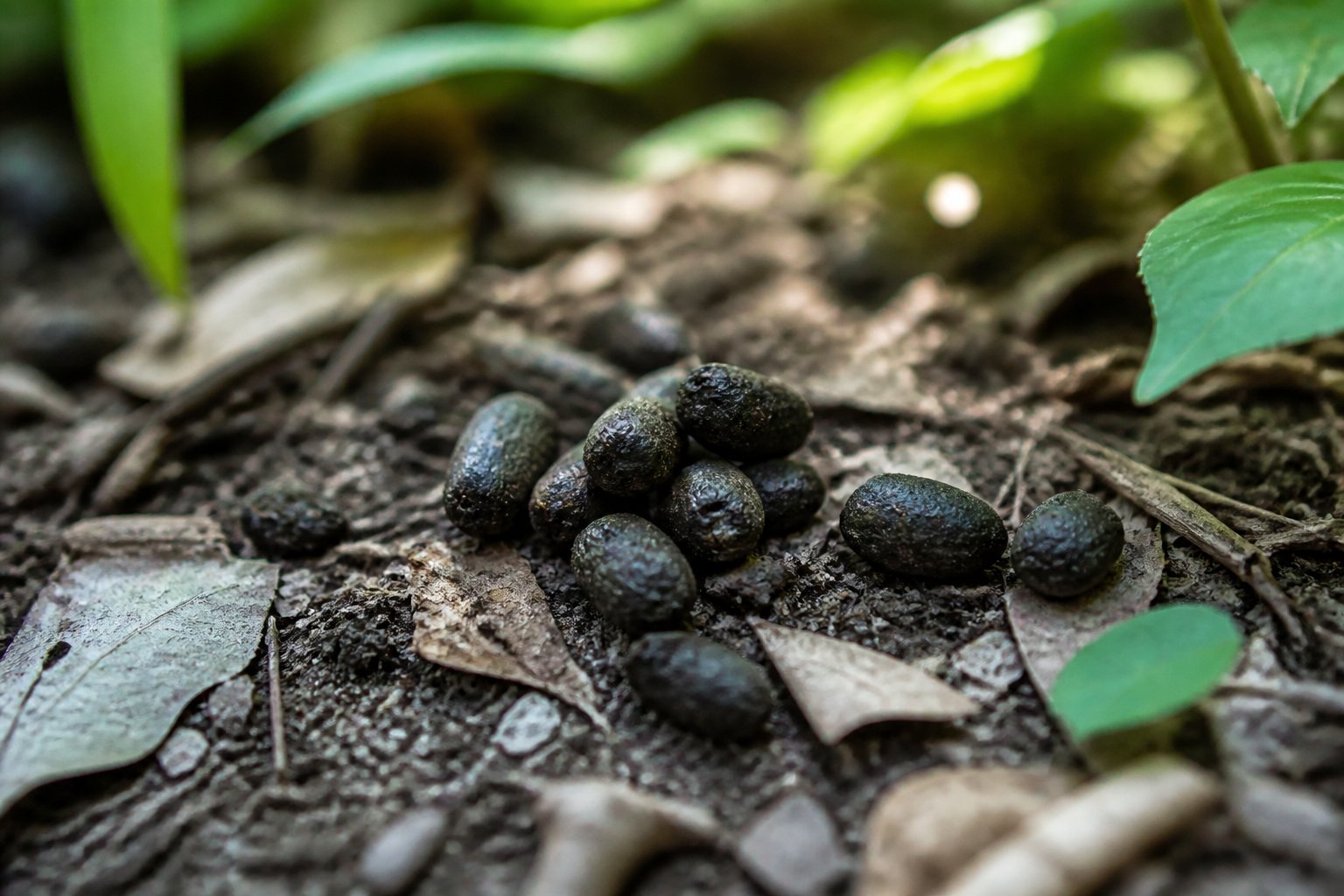 Close-up of small dark brown chipmunk droppings on the forest floor among leaves and twigs.