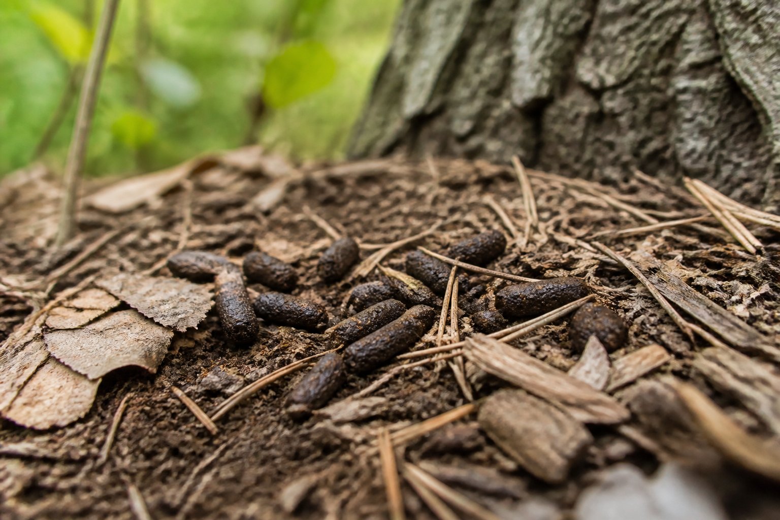 Close-up of small chipmunk droppings scattered on forest floor with leaves and twigs.