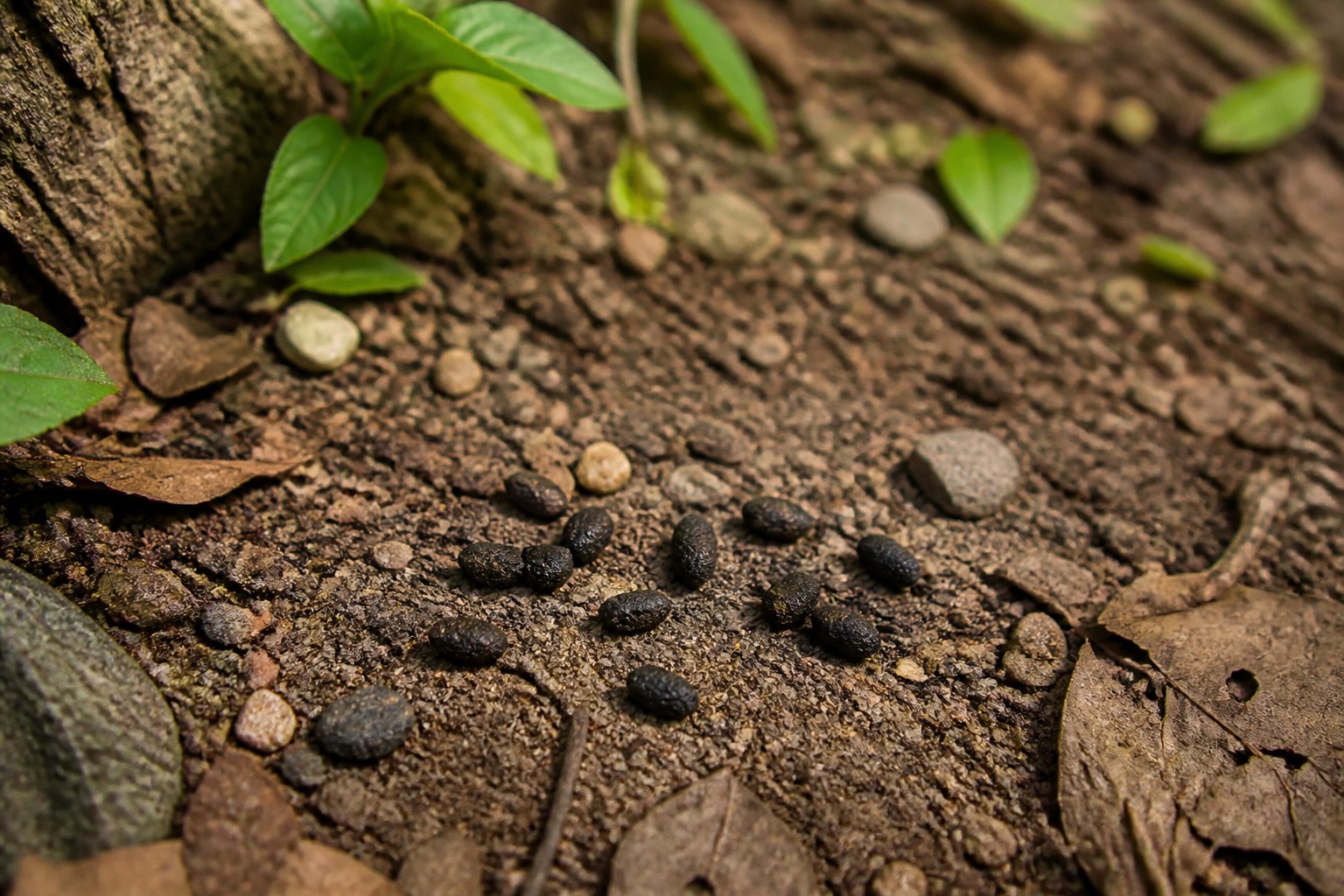 Close-up of chipmunk droppings on forest floor with leaves and soil around.