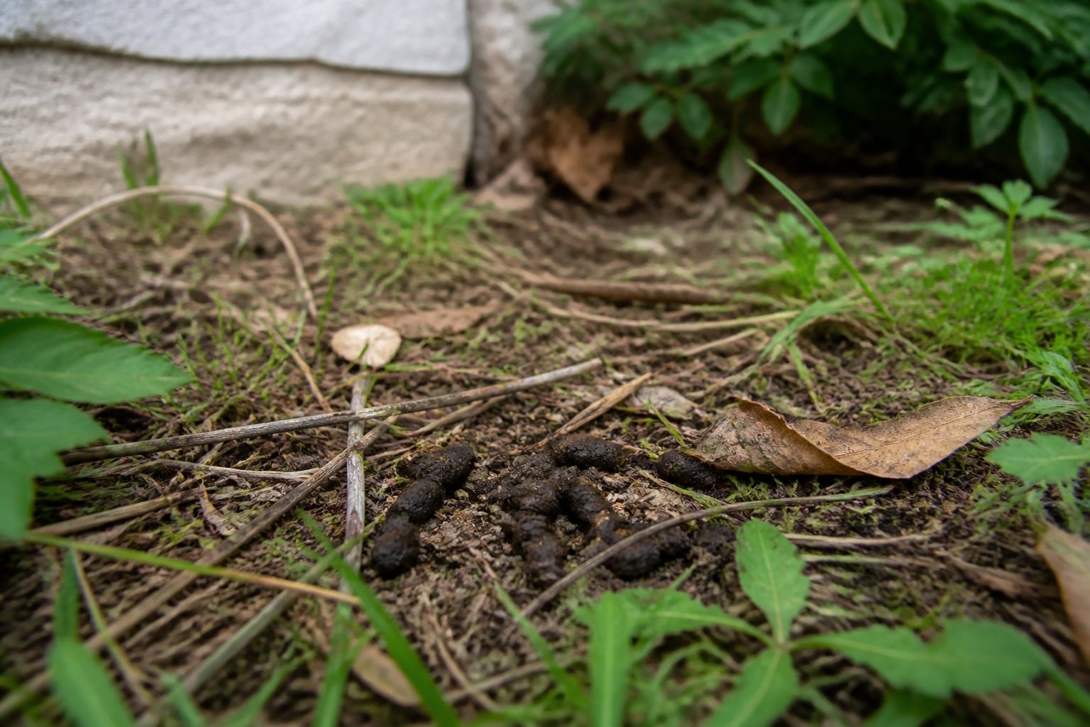Close-up of chipmunk droppings on the ground near a house with grass and leaves around.
