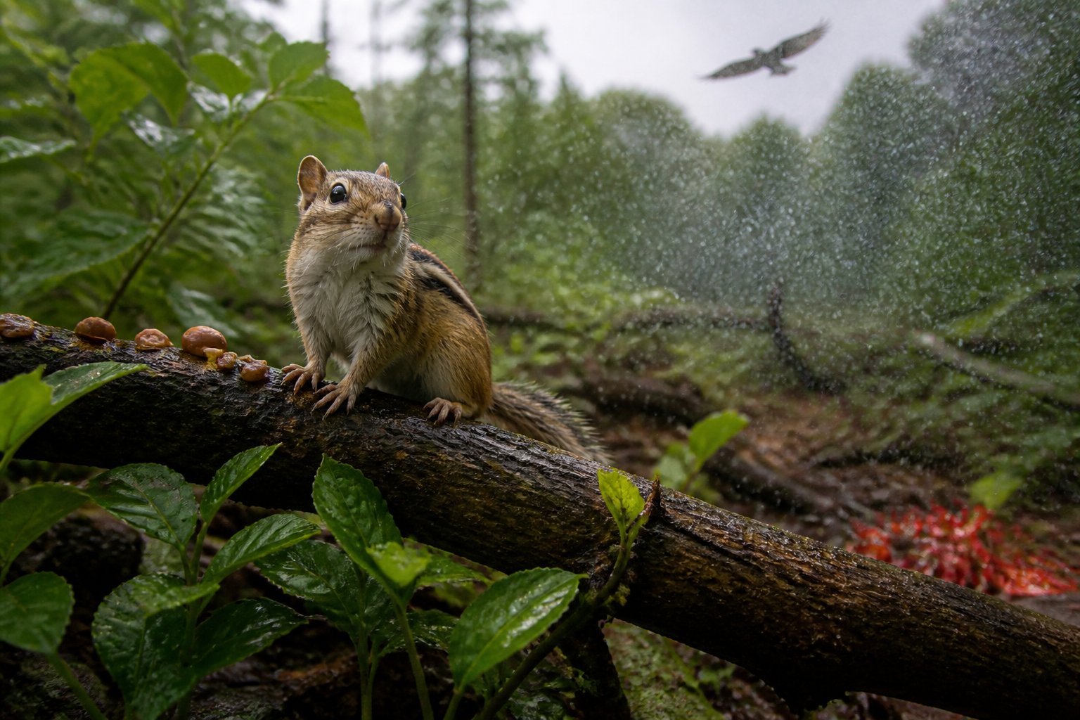 A chipmunk sitting on a tree branch surrounded by leaves and nuts, with chili peppers on the ground and a bird flying in the background.