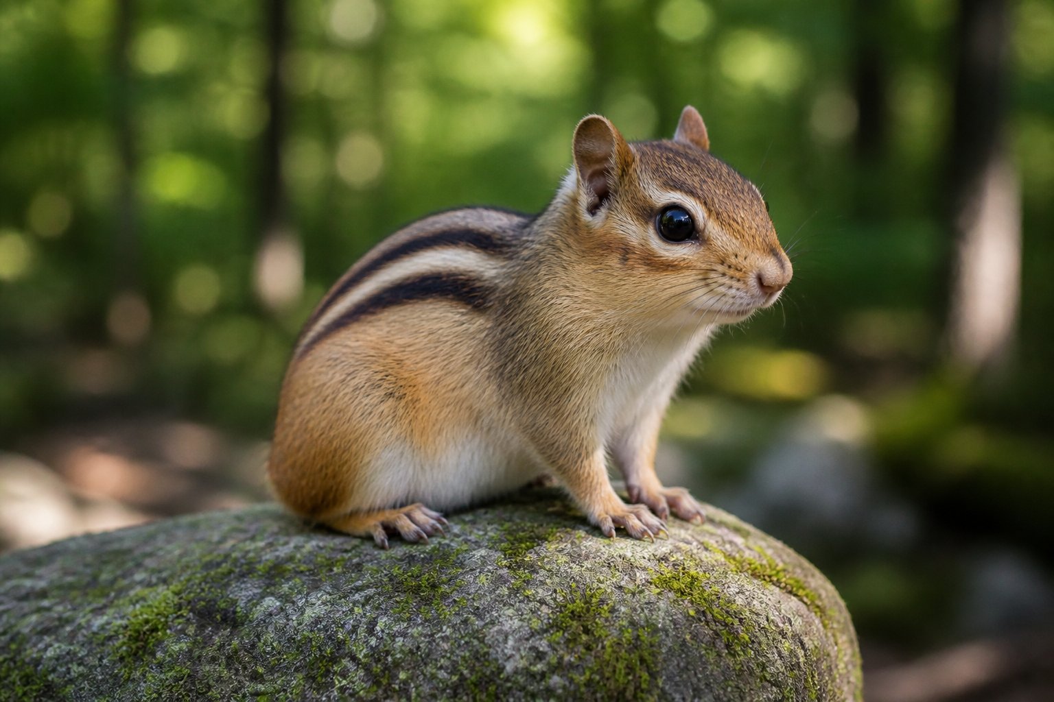 A chipmunk without a tail sitting on a mossy rock in a forest with green leaves and sunlight in the background.