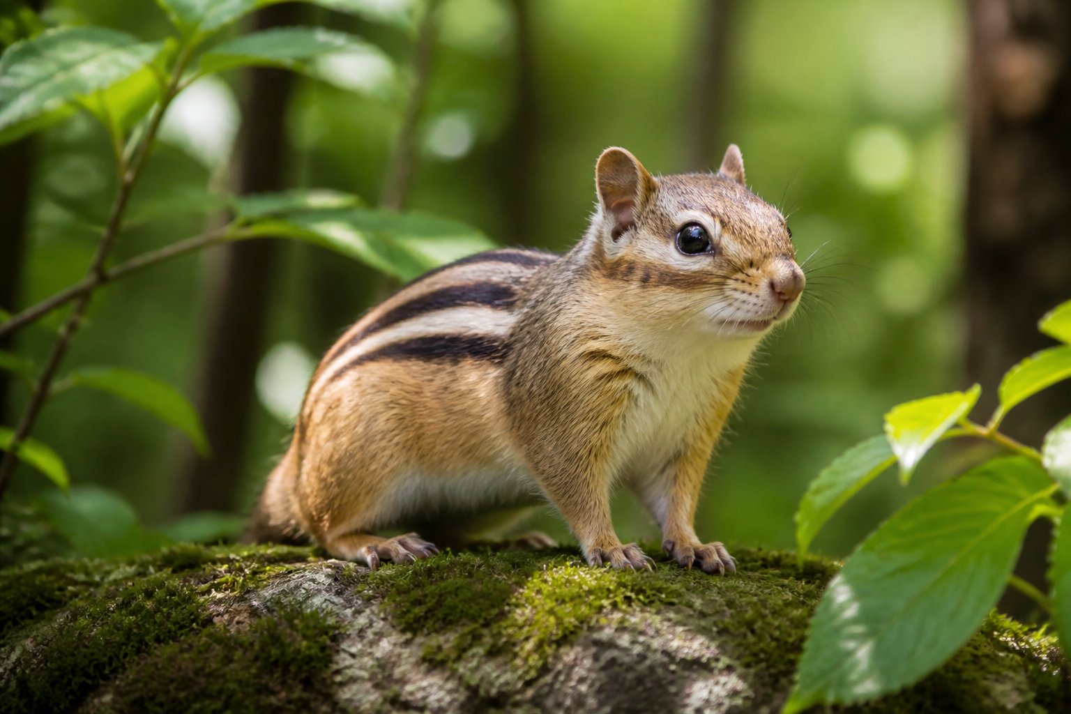 A chipmunk with a short or missing tail sitting on a mossy rock in a forest.