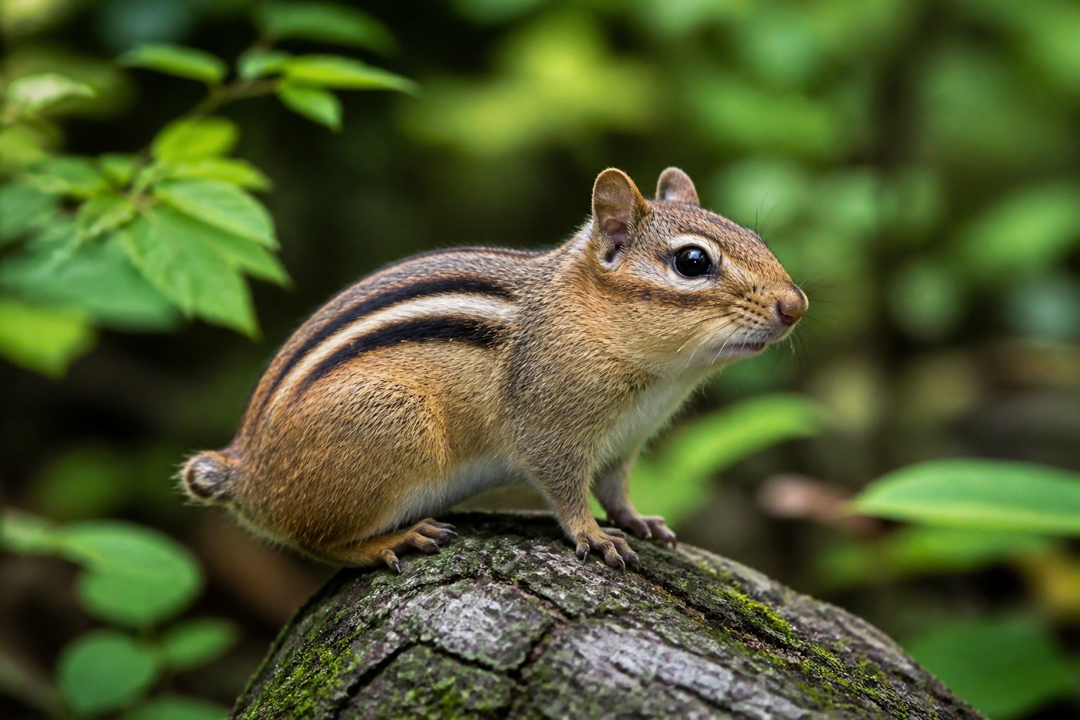 A chipmunk with a shortened tail sitting on a tree branch in a green forest.