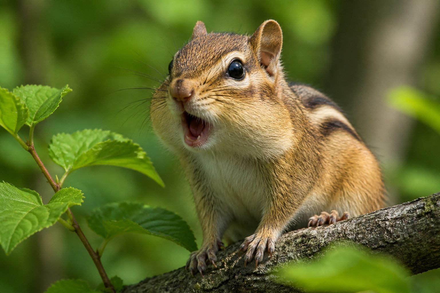 A chipmunk perched on a tree branch in a forest, with its mouth open as if chirping.