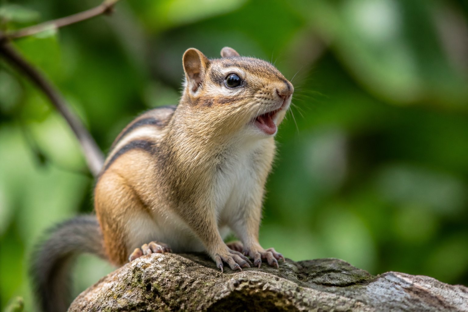 Close-up of a chipmunk perched on a branch in a forest, appearing to chirp.