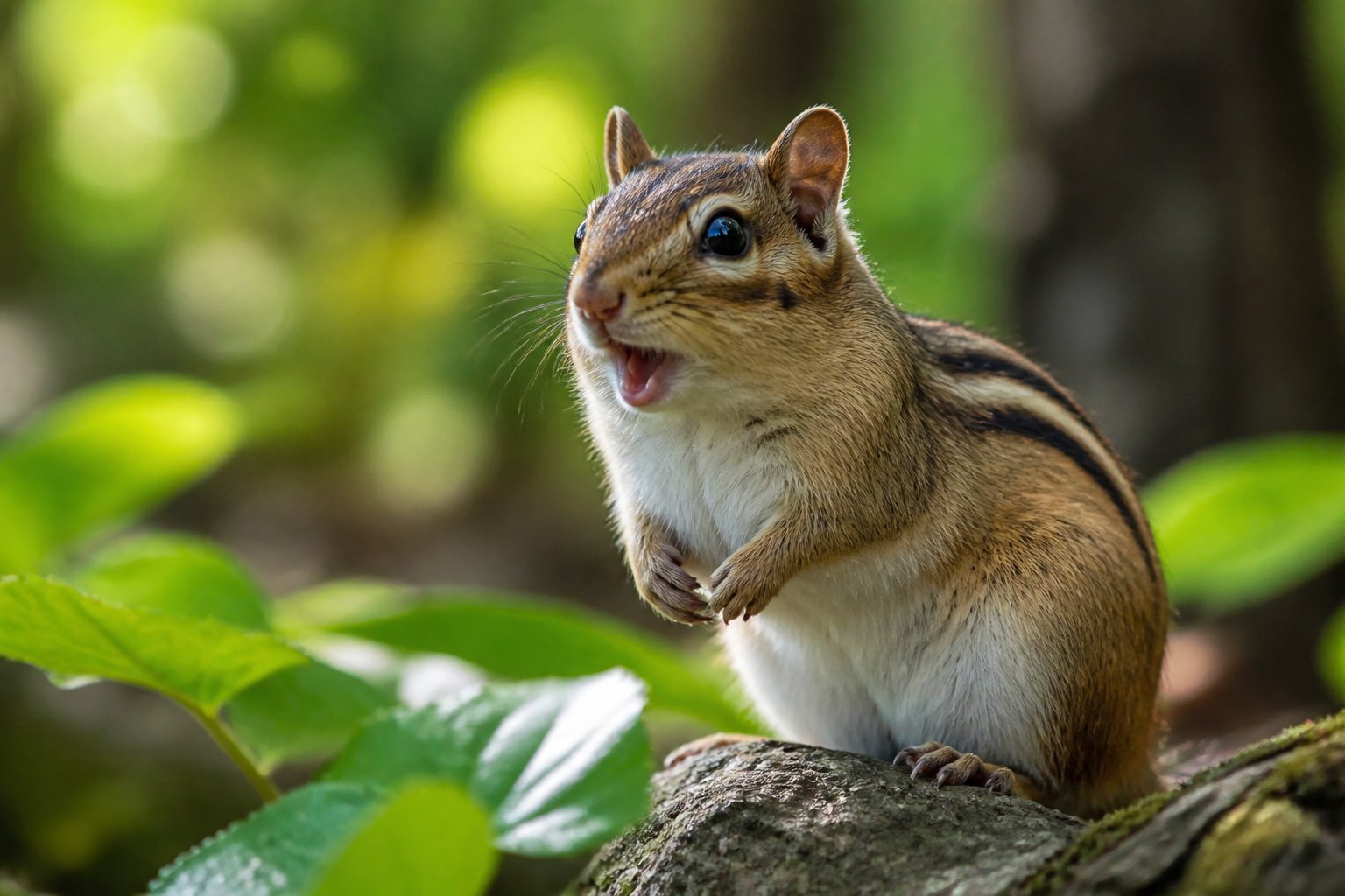A chipmunk perched on a tree branch in a forest, appearing to chirp with green leaves and sunlight in the background.
