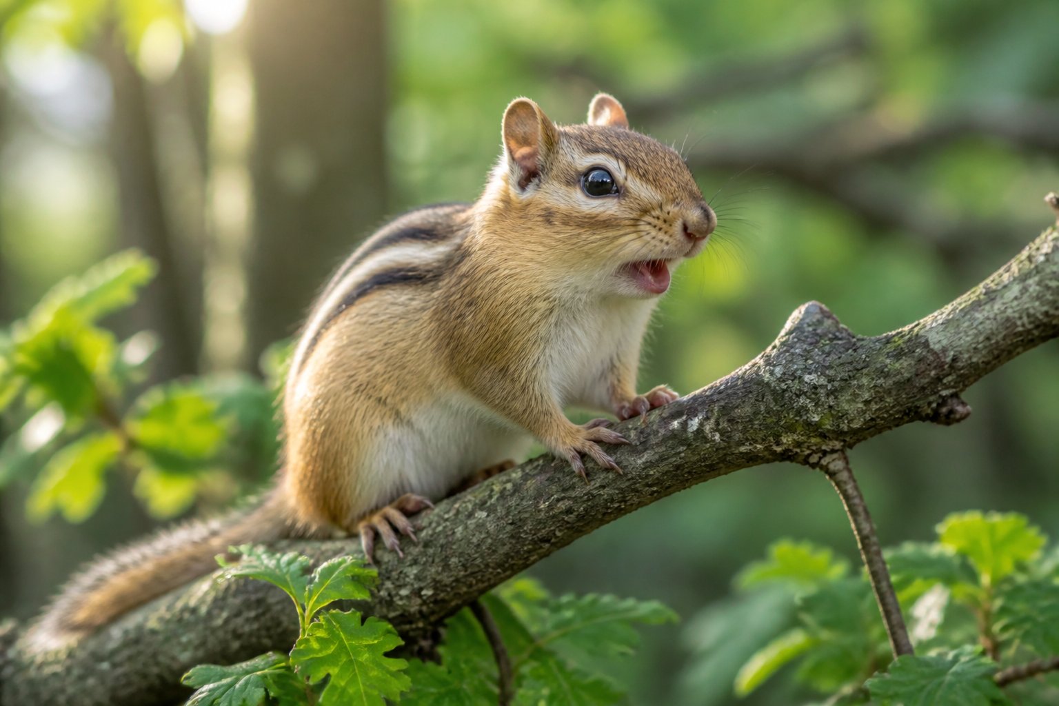 A chipmunk on a tree branch in a forest, mid-chirp with green leaves around it.