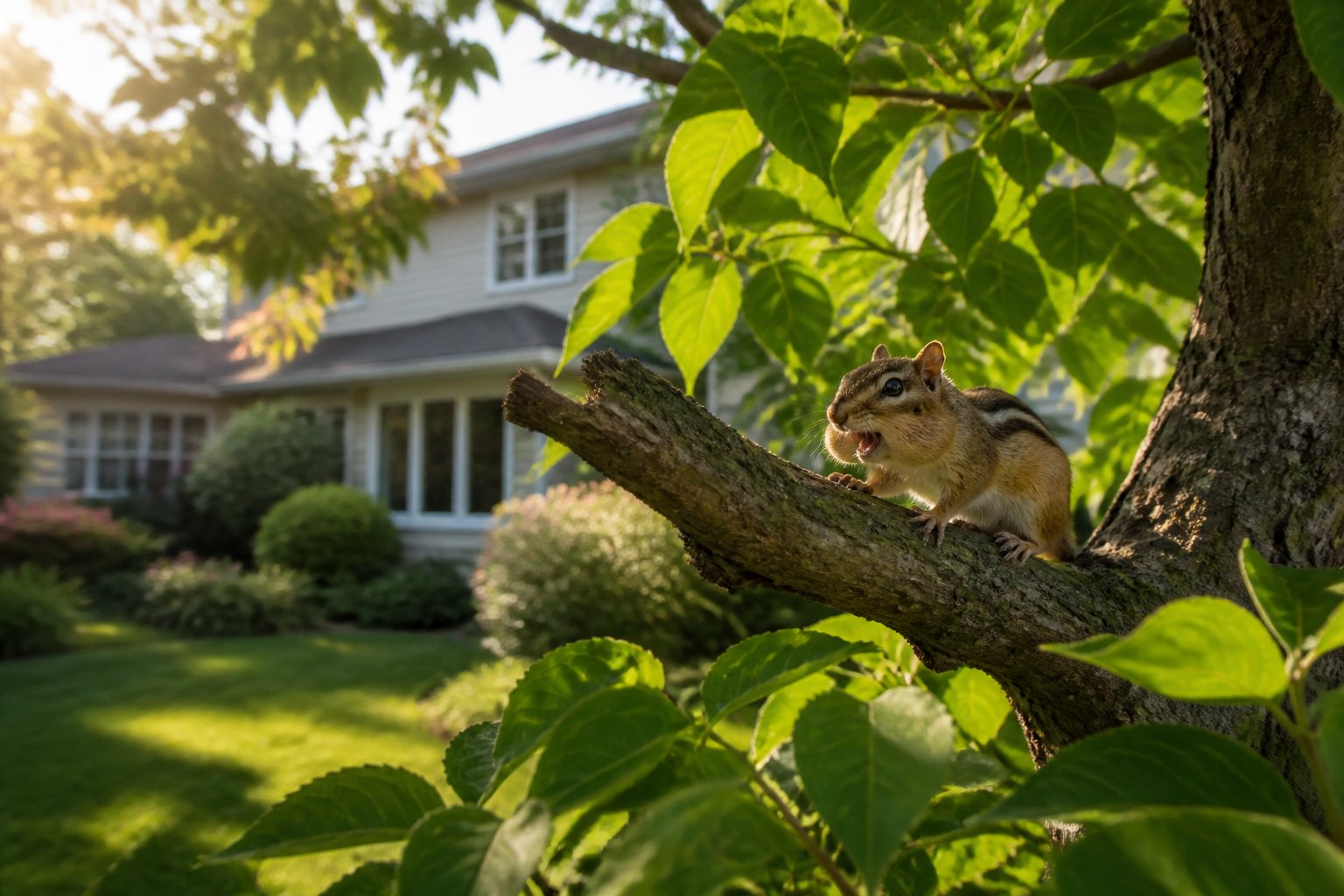 A chipmunk perched on a tree branch in a backyard with green leaves and a house in the background.