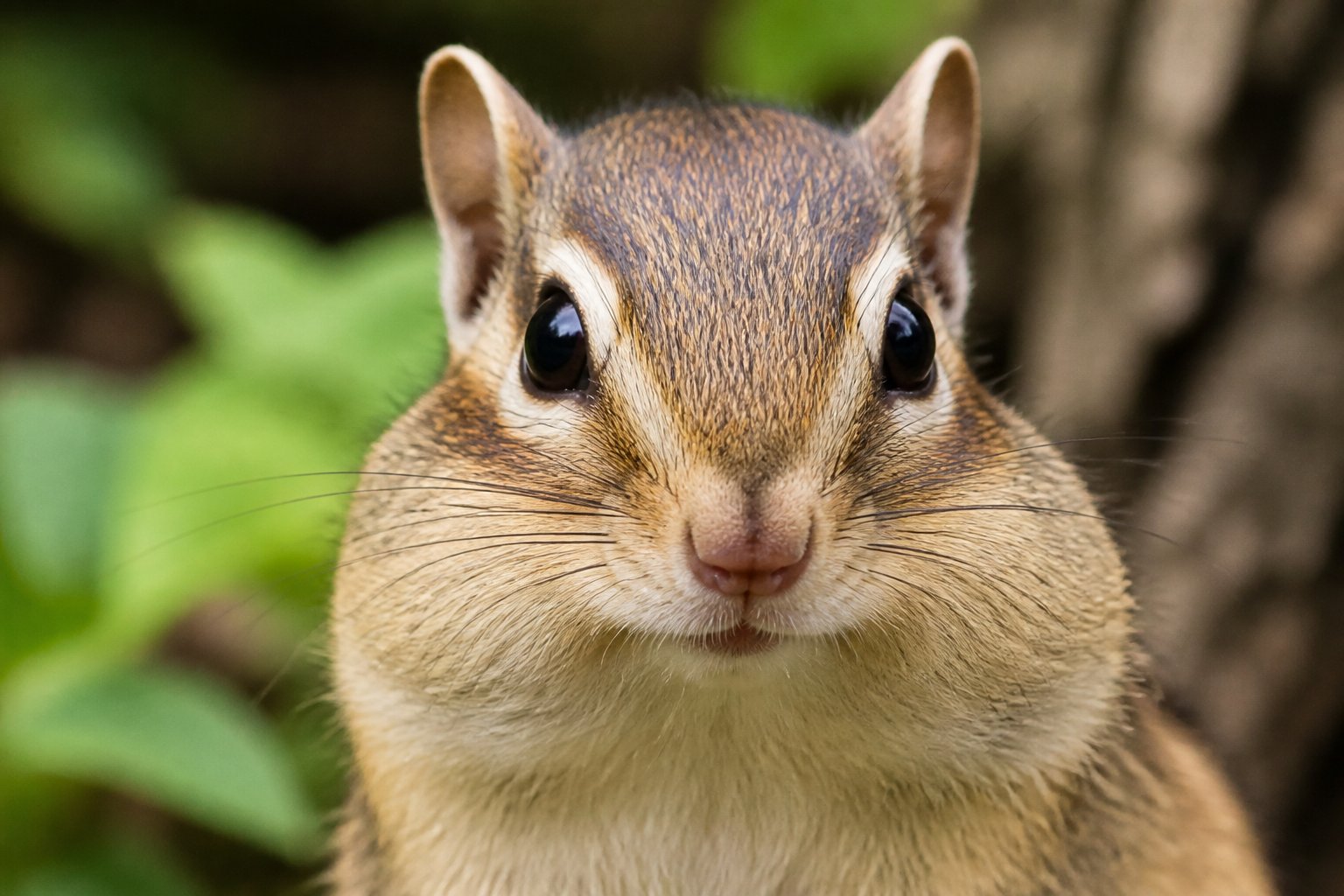 Close-up of a chipmunk's face with detailed fur and bright eyes in a natural woodland setting.