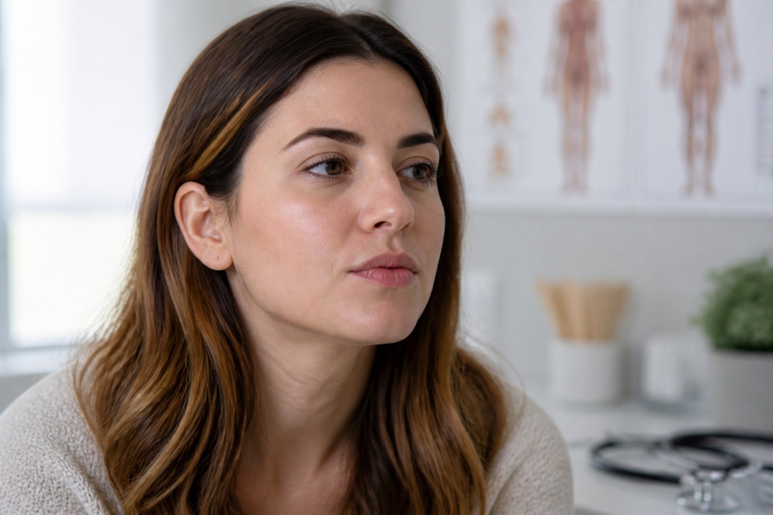 Close-up of a young woman with slightly puffed cheeks in a medical consultation room.