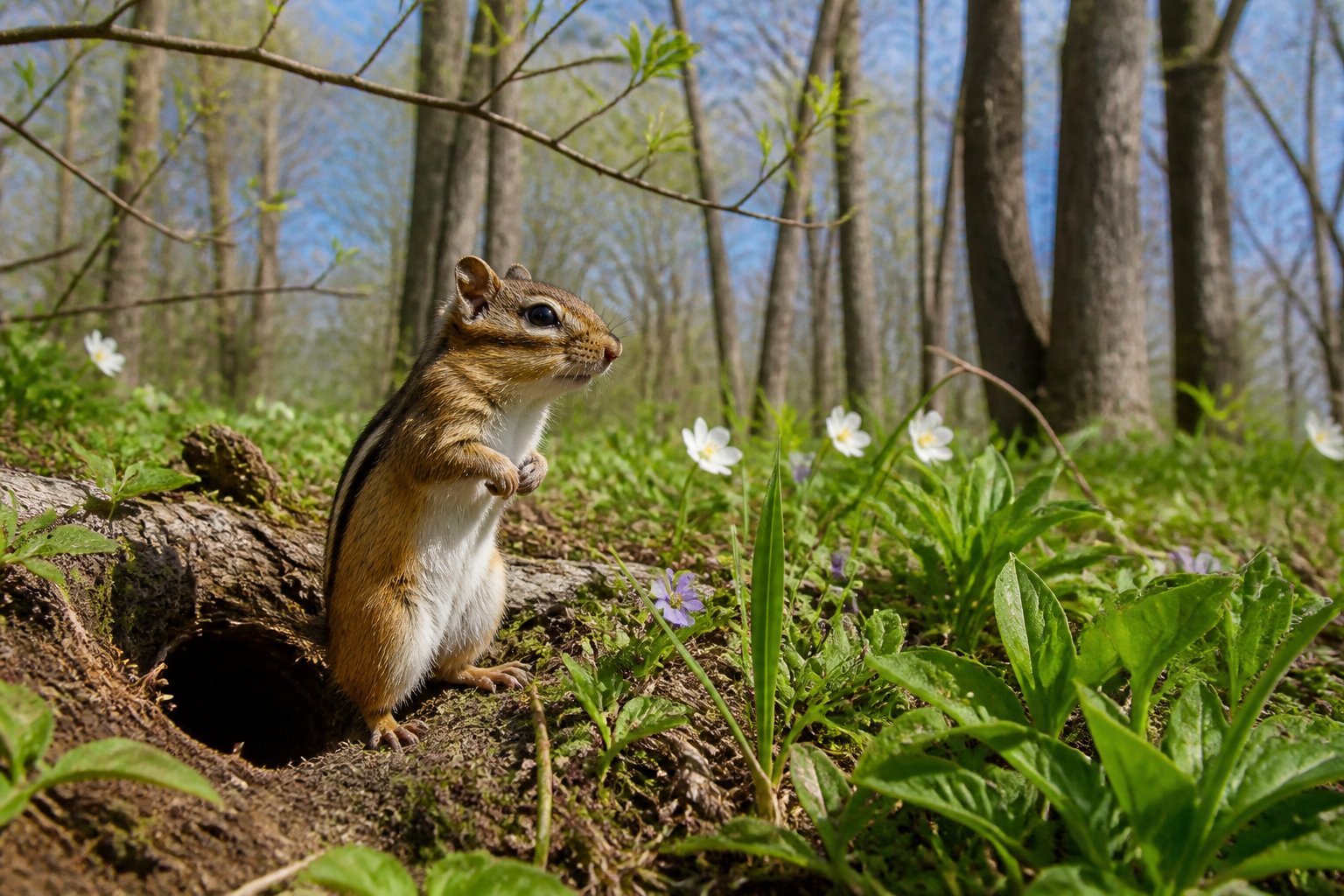 A chipmunk standing at the entrance of its burrow in a forest clearing with fresh grass and budding plants in early spring.