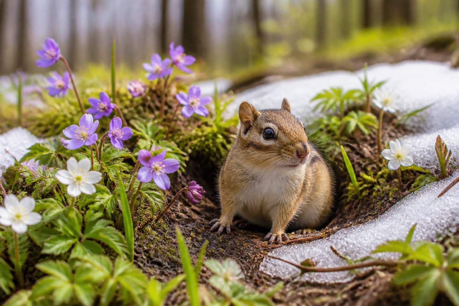 A chipmunk coming out of its burrow in a green forest with wildflowers and sunlight during early spring.