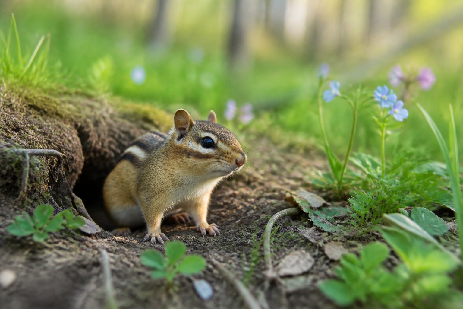A chipmunk emerging from its burrow in a green forest clearing with fresh grass and wildflowers.