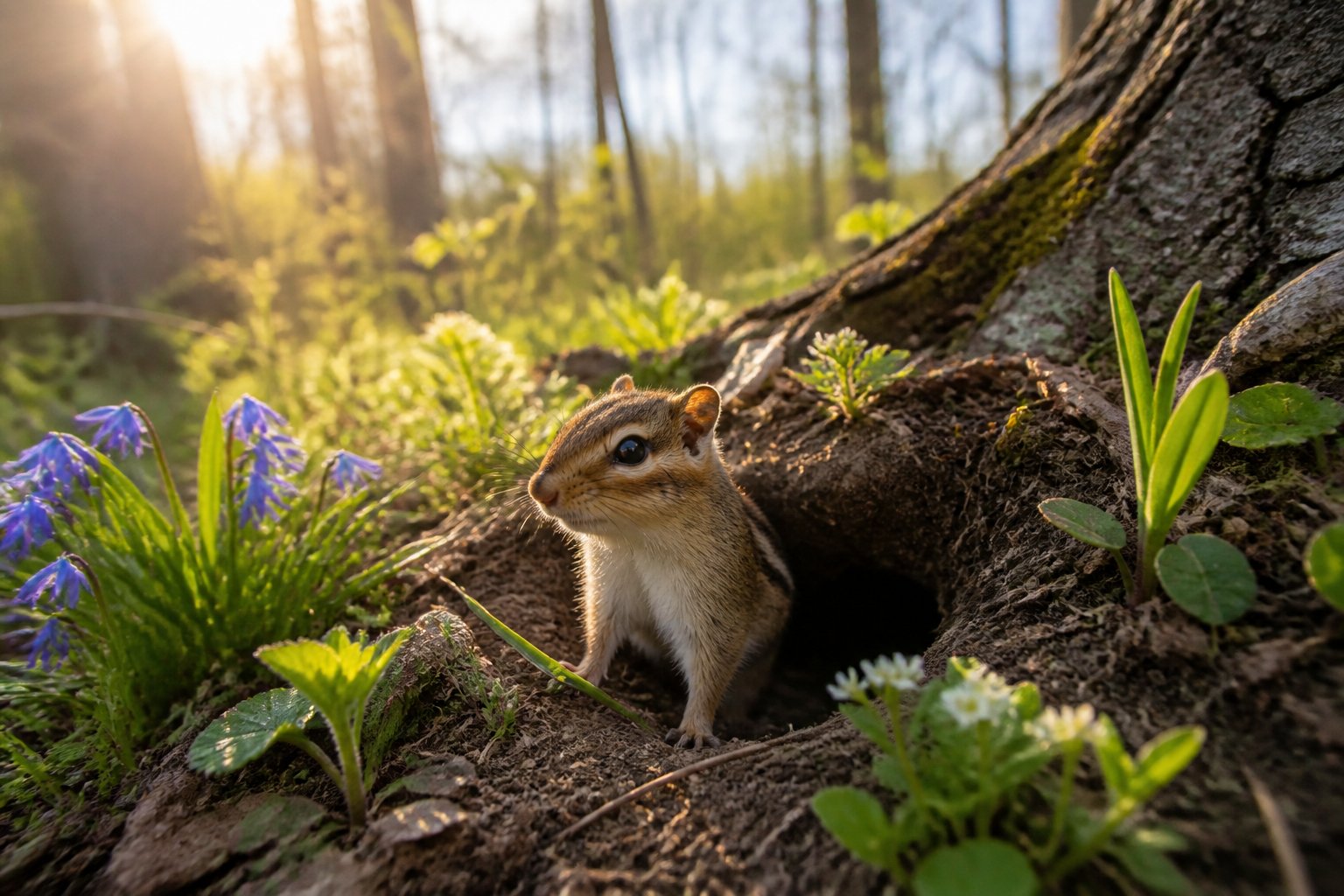 A chipmunk emerging from its burrow in a grassy area with blooming wildflowers and trees in early spring.