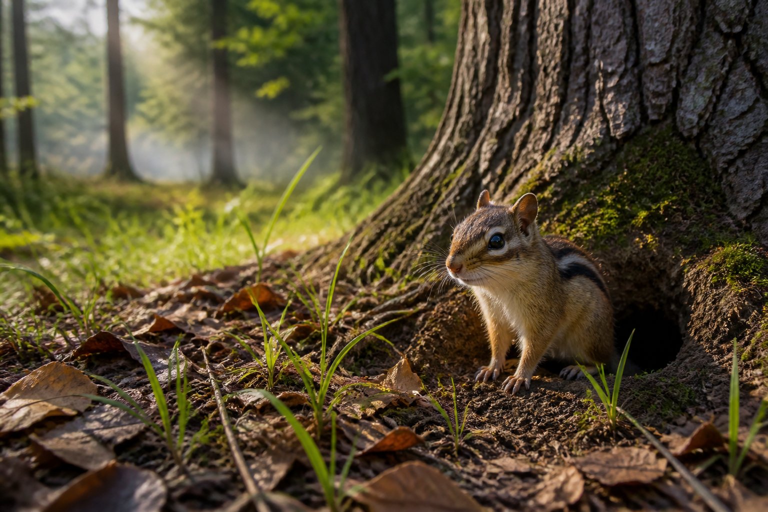 A chipmunk emerging from its burrow in a forest clearing with morning sunlight filtering through the trees.