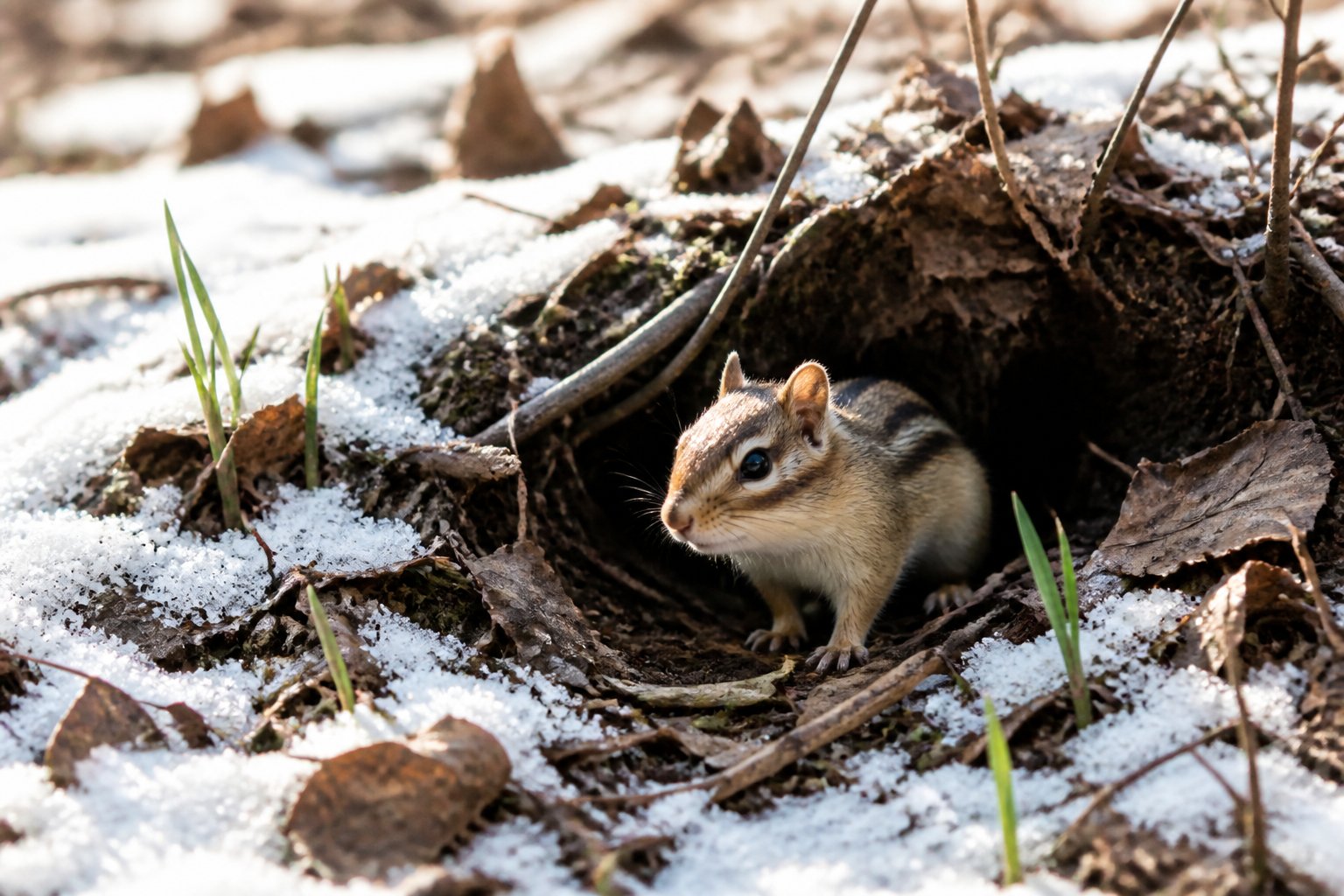 A chipmunk cautiously emerging from its burrow on a snowy forest floor with dried leaves and bare trees in the background.