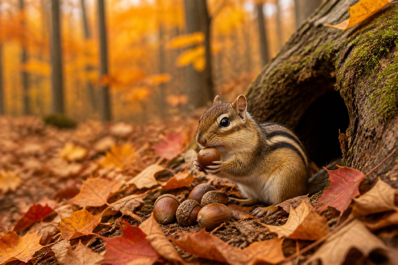 A chipmunk gathering nuts near its burrow in a forest during autumn with colorful fallen leaves around.