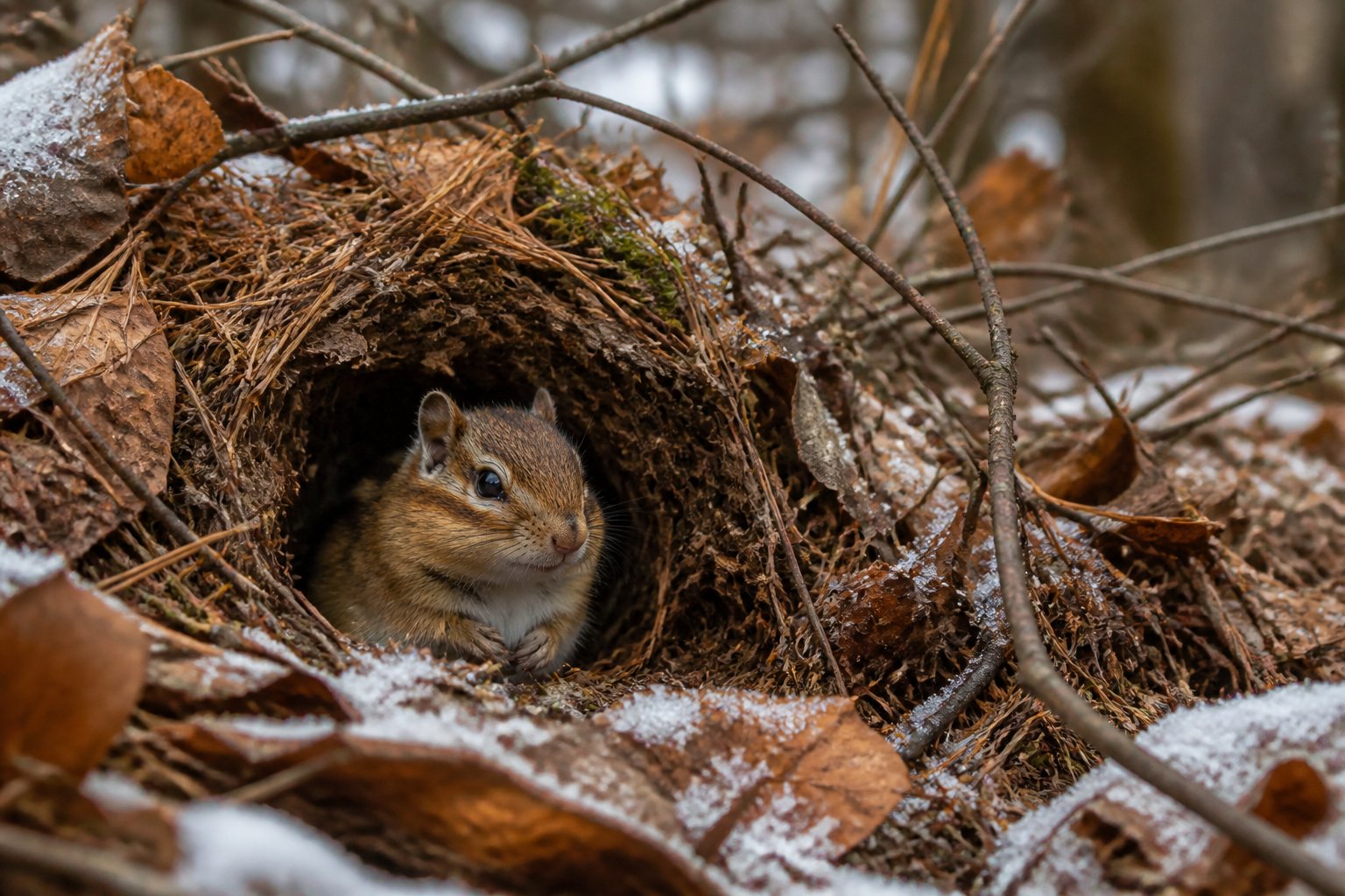 A chipmunk resting in a burrow surrounded by fallen leaves and bare branches in a forest during late autumn.