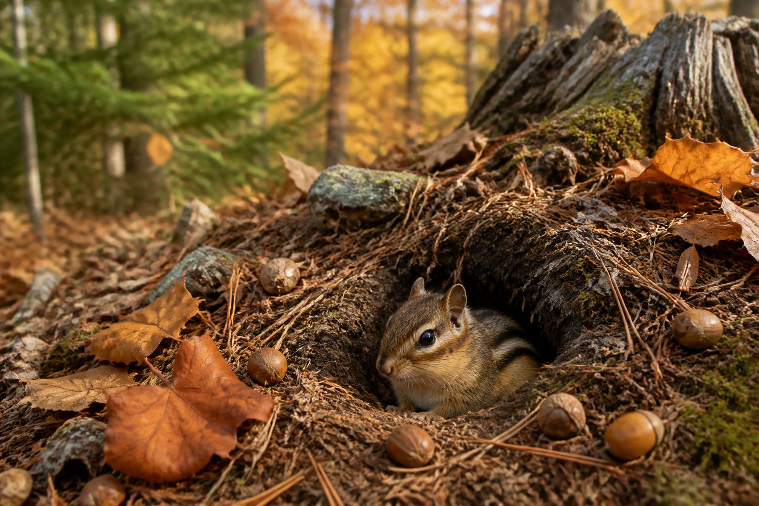 A chipmunk resting on the forest floor surrounded by autumn leaves and pine needles near the entrance of its burrow.